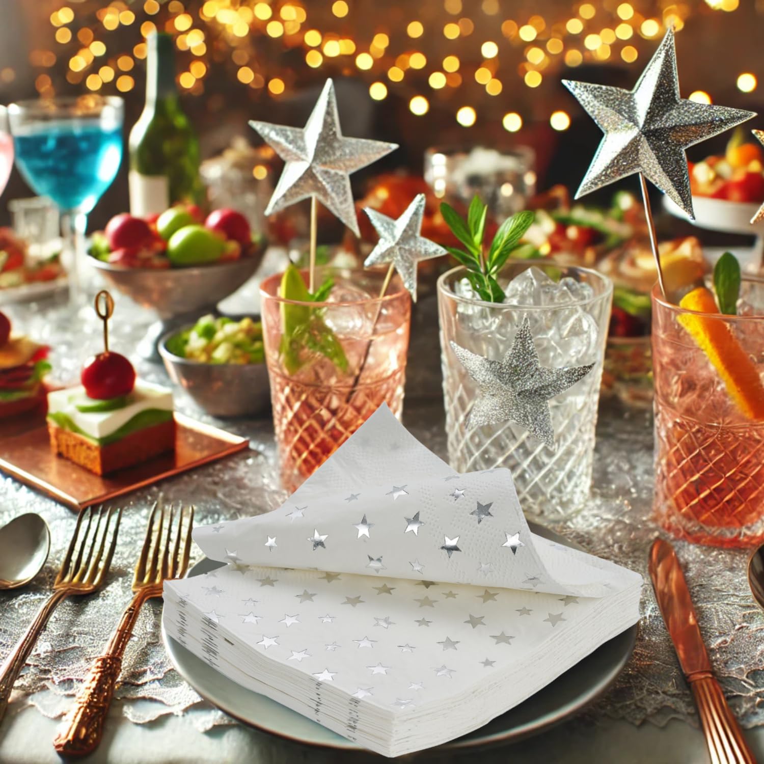 Premium Silver Star Cocktail Napkins - 100 Count, 2-Ply, 5