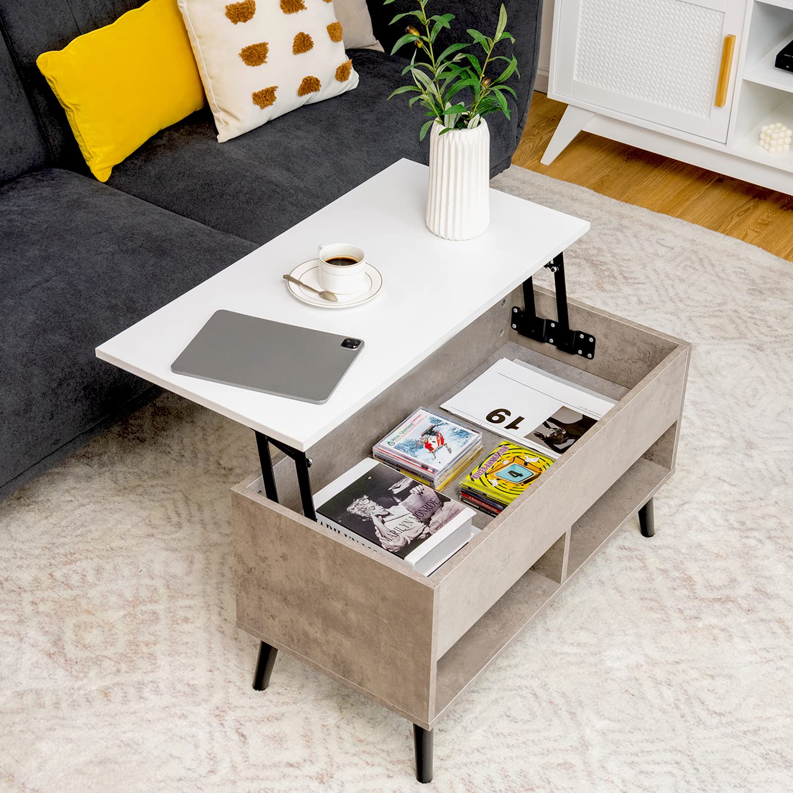 **Tangkula Lift Top Coffee Table with Storage - Wooden Lift Tabletop Dining Table, 2 Open Shelves & Hydraulic Lift Mechanism, 4 Pine Legs - Perfect for Living Room, Small Spaces & Multi-Functional Use**