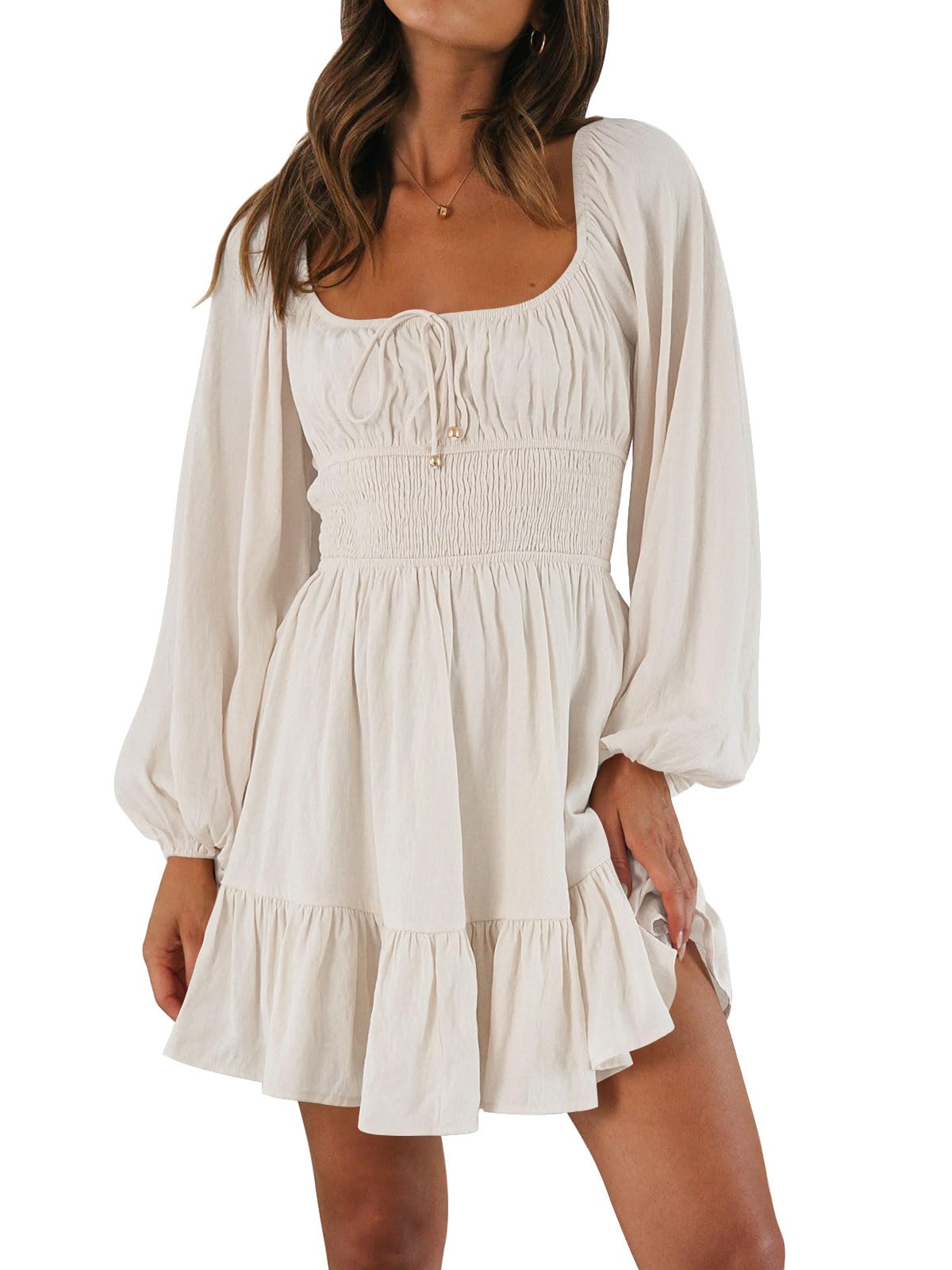 LILLUSORY Women's Long Sleeve Cottagecore Dress - Square Neck Flowy Mini Dress for Spring & Summer 2025 | Casual Boho Style for Picnics, Dates & Outdoor Adventures