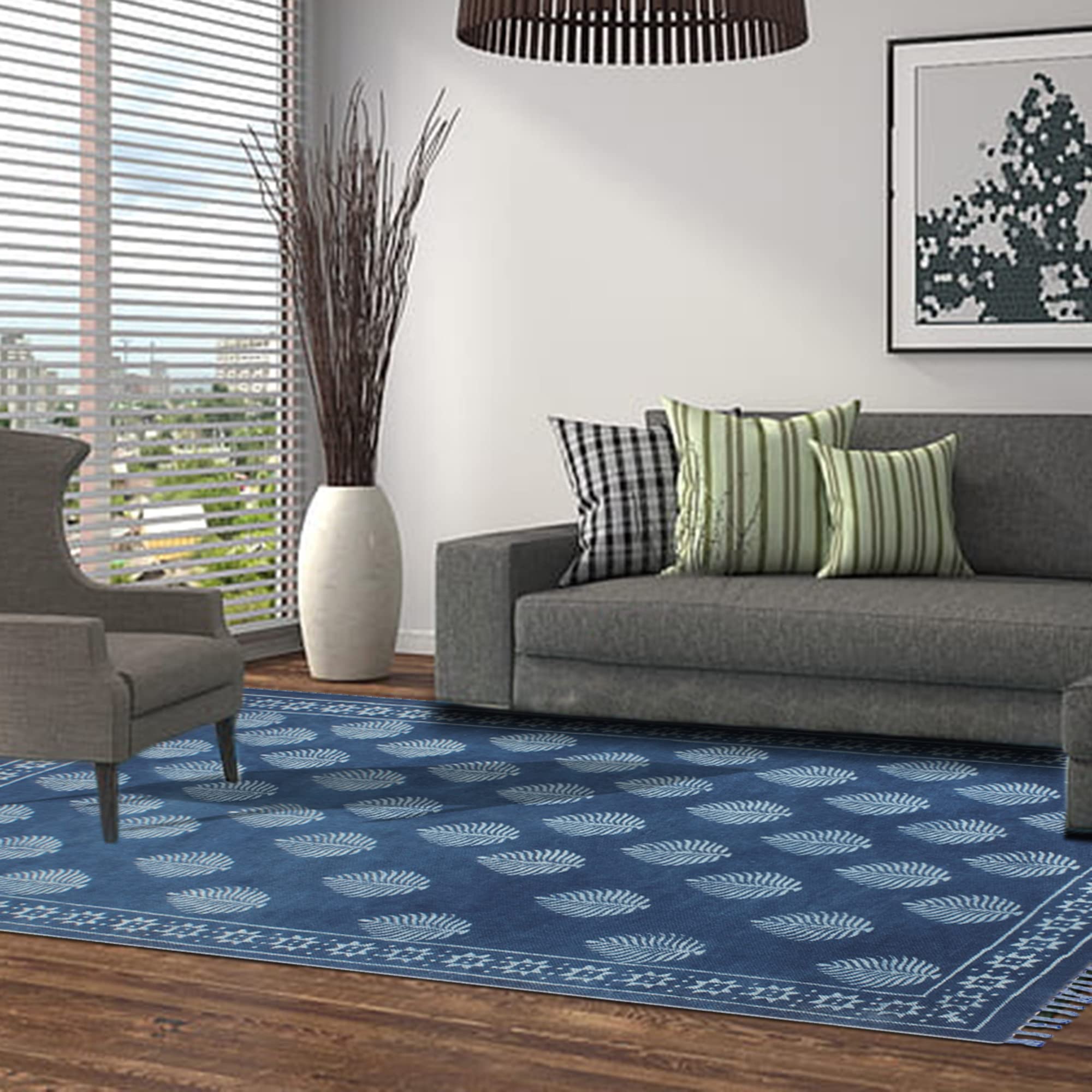 Hand Woven Pure Cotton Area Rug - Indigo Blue Floral Design with Tassels, Reversible Floor Mat (80x300 cm / 2.6x10 Feet) for Living Room, Bedroom, Laundry Room & Bathroom Runner - Soft & Durable Home Decor