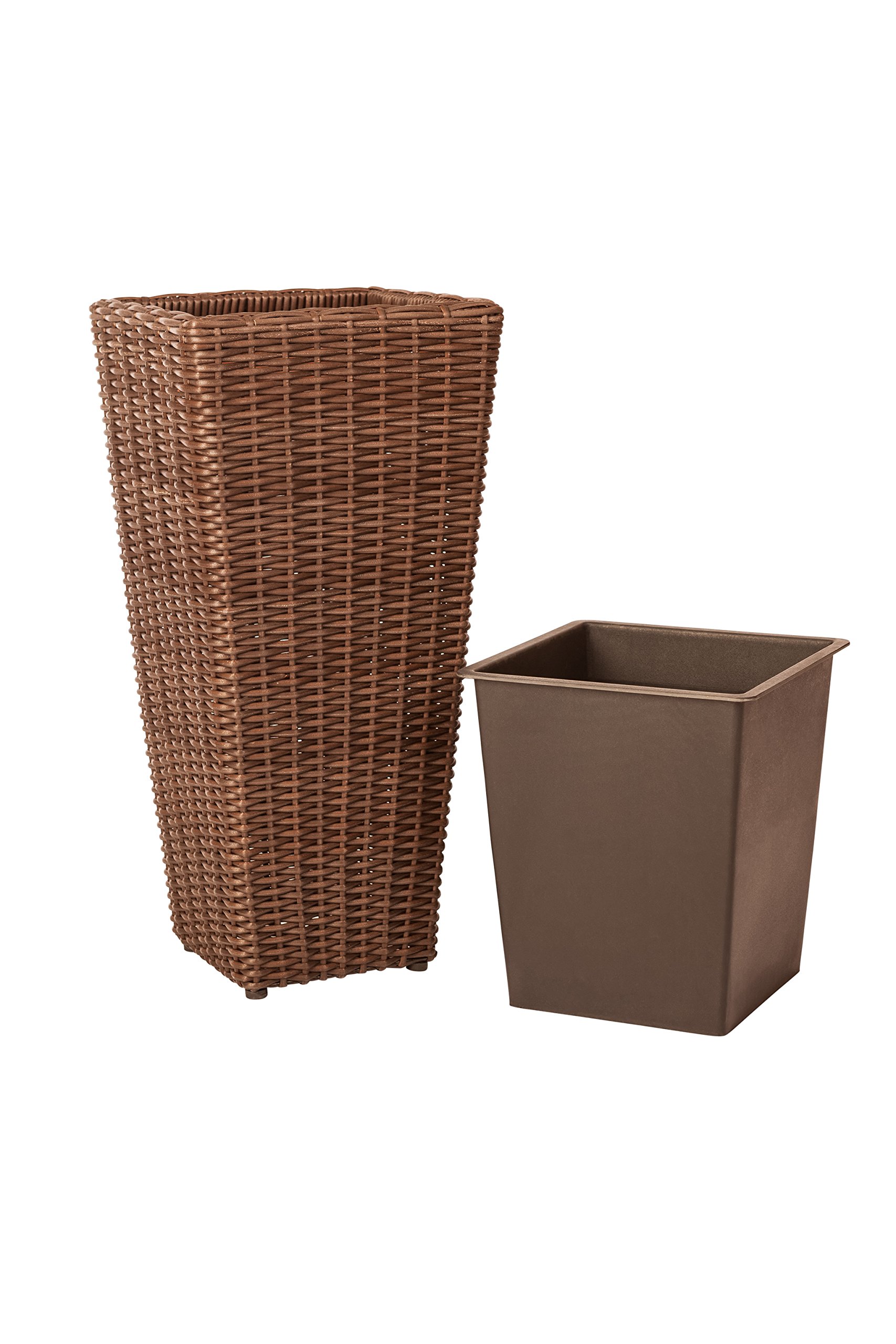 Patio Sense 62501 Alto Wicker All-Weather Planter Set with Liners - 2 Pack Tall Outdoor Plant Decor Box for Patio, Garden, Balcony & Herb Planting - Mocha Brown - Perfect for Home, Yard & Commercial Landscaping