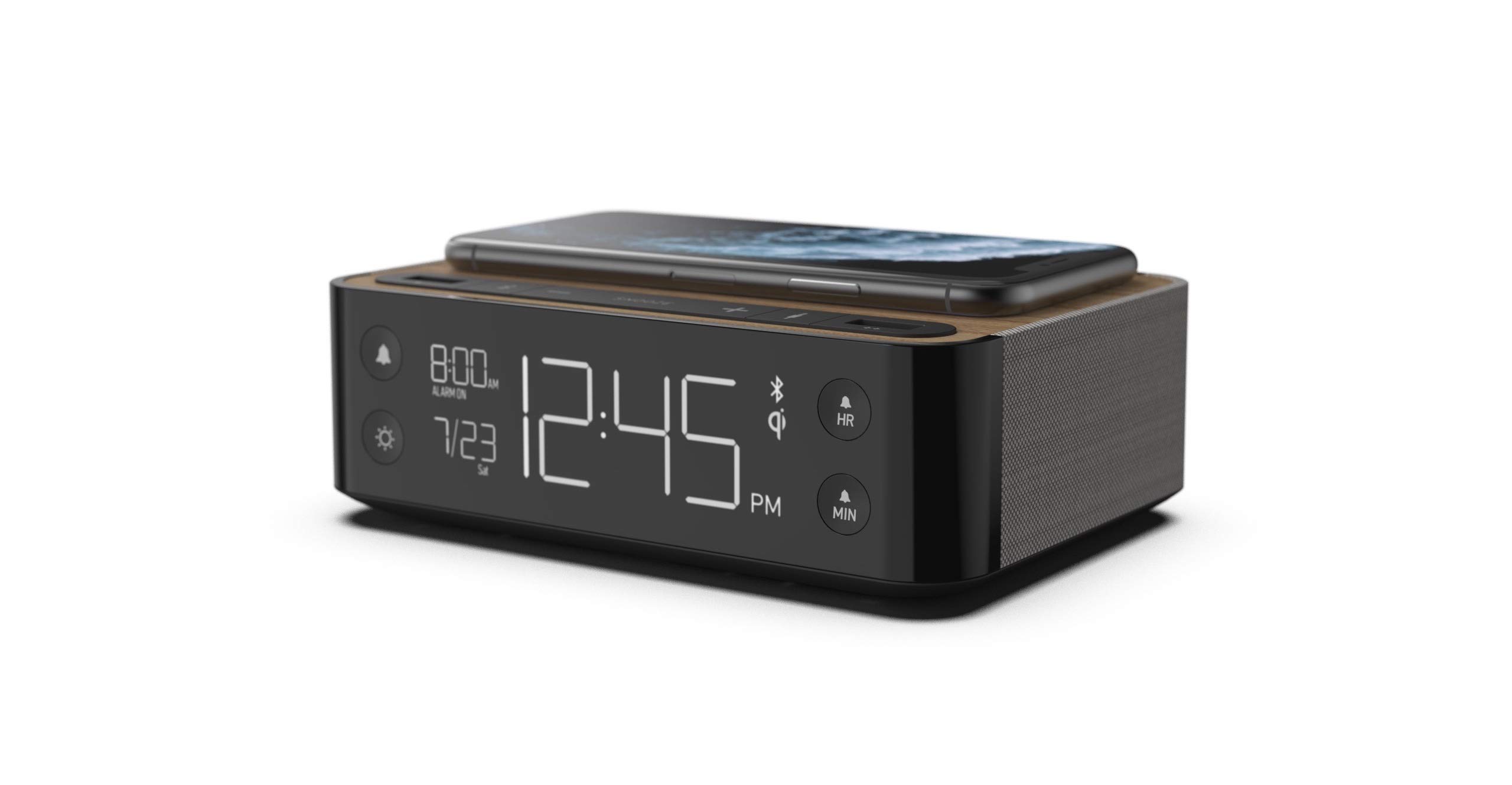 NONSTOP Station A - Wireless Charging Alarm Clock with Qi Charger, Dual USB Ports & Bluetooth Speaker for Bedroom, Office, Travel - Walnut Sand Finish