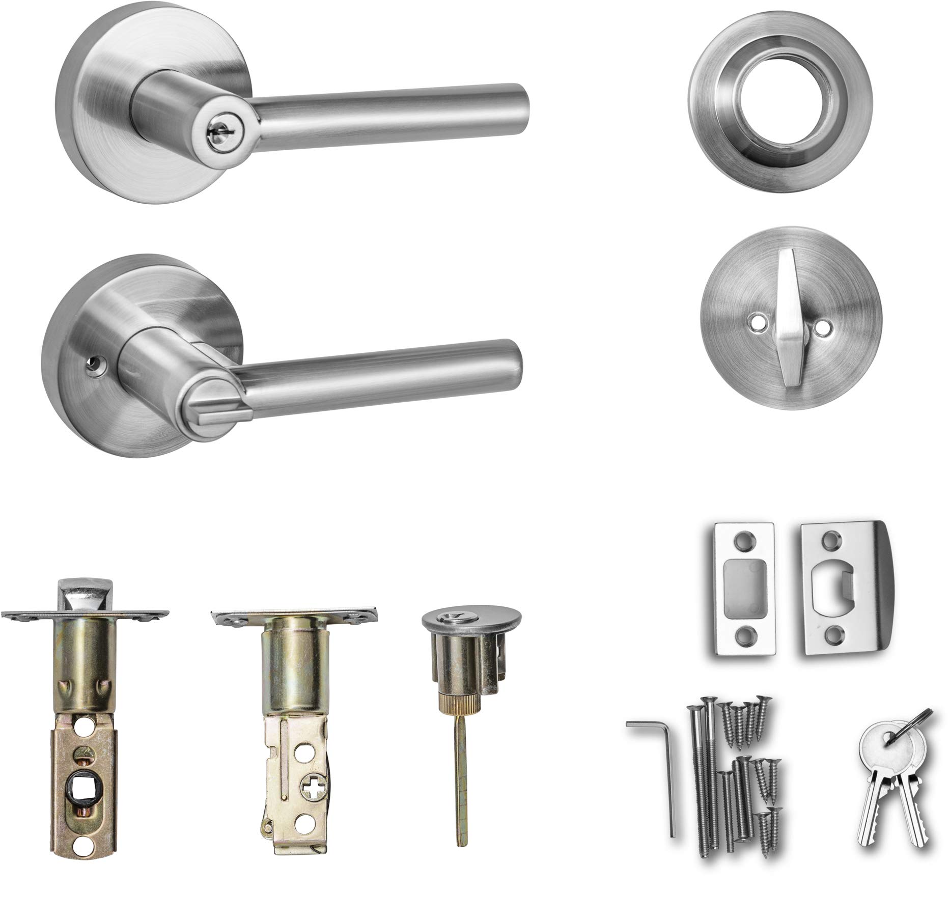 Berlin Modisch Satin Nickel Entry Lever Door Handle & Single Cylinder Deadbolt Lock Set - Heavy Duty for Front Doors & Offices (Right/Left Handed) | Secure Home & Commercial Access Solution