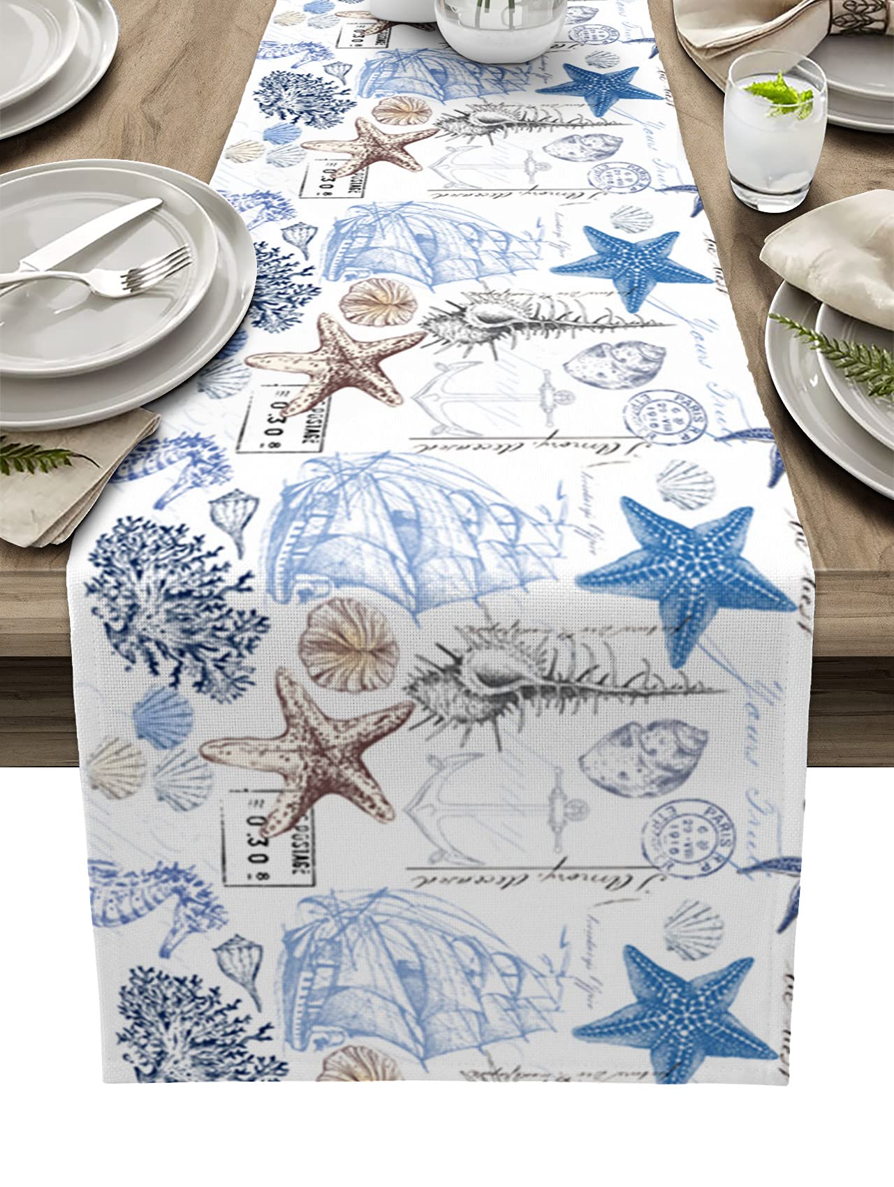 Starfish Undersea Anchor Sailboat Table Runner 120 Inches - Blue & Brown Ocean Theme Bed Runner, Dresser Scarf for Indoor & Outdoor Parties, Ceremonies, Banquets - 13
