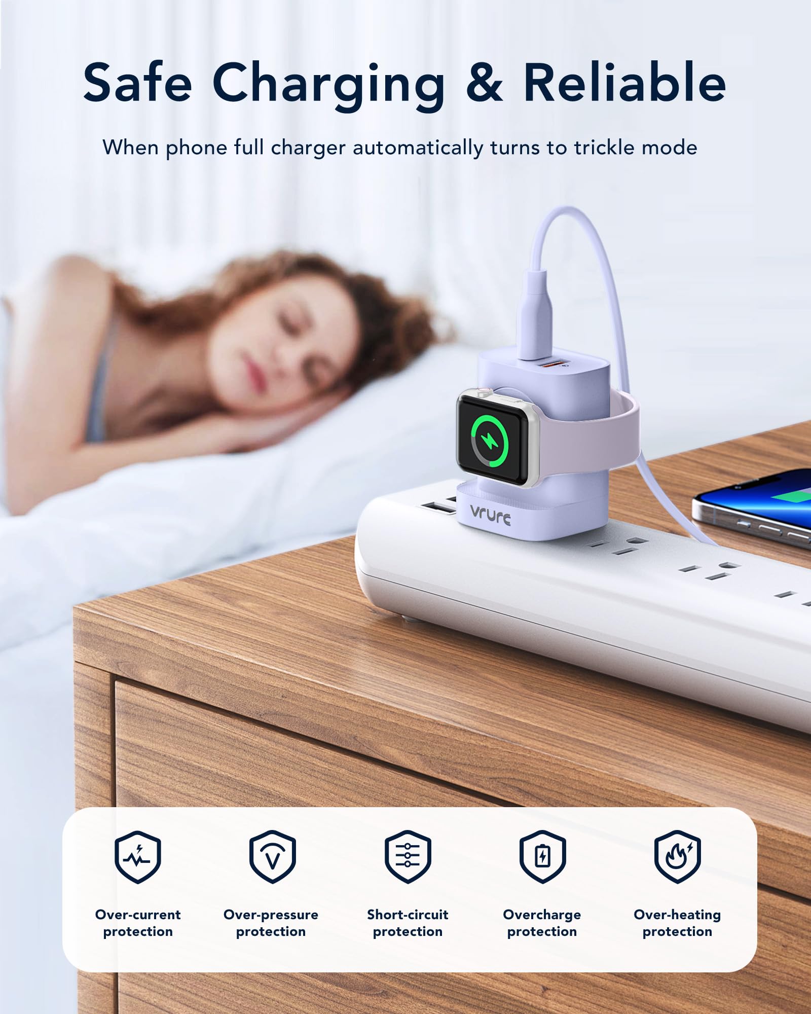 VRURC 3-in-1 Magnetic Wireless Charger for Apple Watch Series 10/9/8/7/6/5/4/3/SE/Ultra, iPhone 16/15/14/13 & Android Phones - 20W PD Fast Charging, Portable Travel Charging Station (Purple) - Perfect for Home, Office & On-the-Go Charging