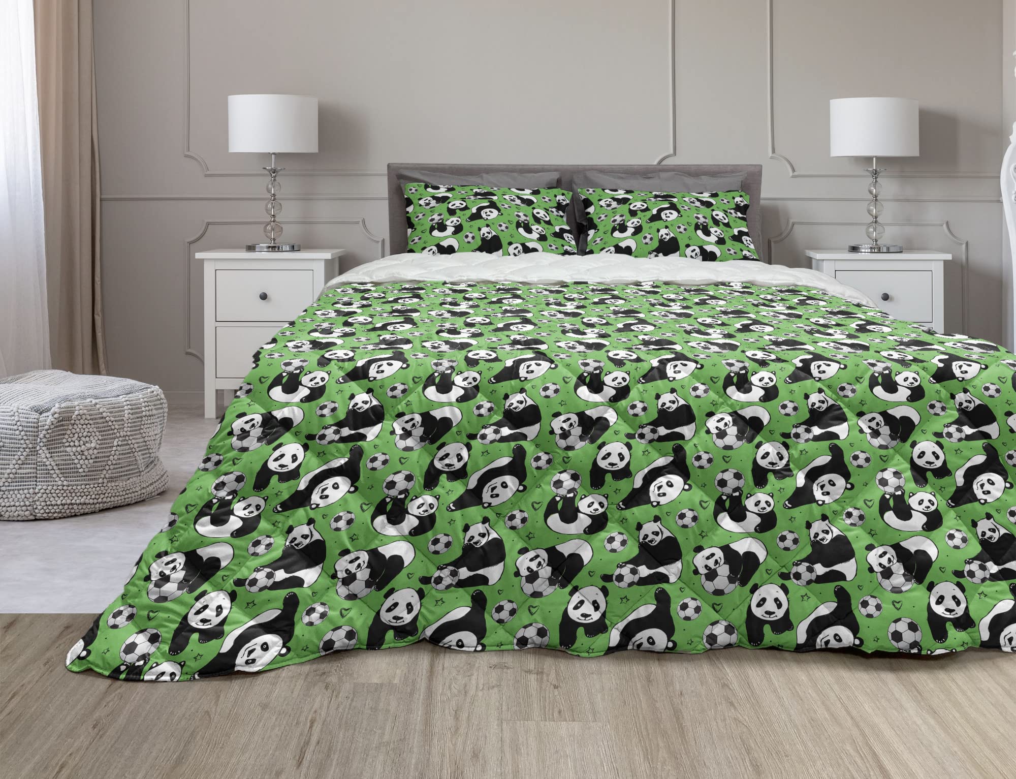 Ambesonne Soccer Comforter & Sham Bedding Set - Funny Panda Animals Playing Soccer with Hand Drawn Hearts & Stars - 2 Piece Microfiber Duvet Set for Twin Bed - Lime Green Black White - Perfect for Kids' Room, Teen Bedroom & Soccer Lovers