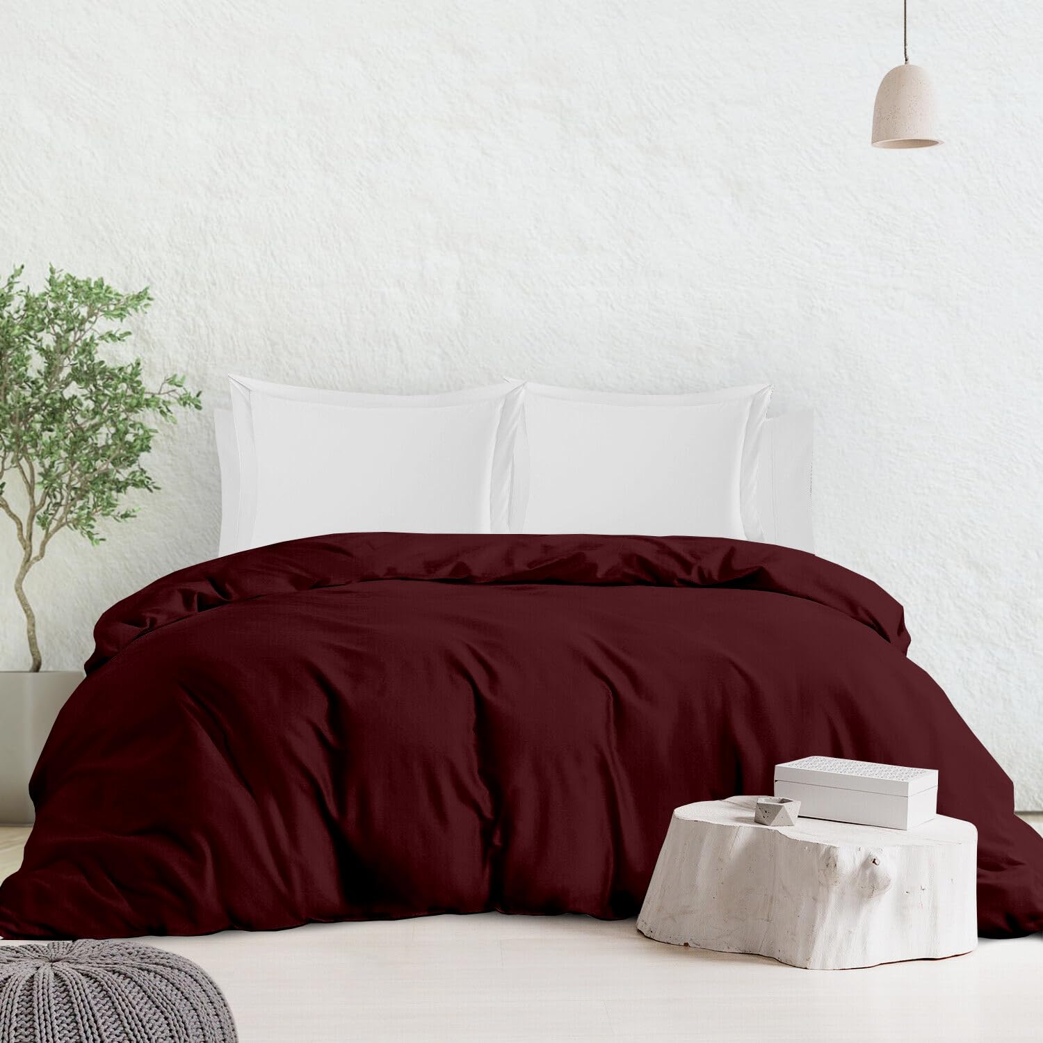 Luxury 3-Piece Queen Size Duvet Cover Set - 600 Thread Count Egyptian Cotton Bedding with Zipper Closure & Corner Ties | Ultra Soft, Cooling & Breathable Comforter Cover + 2 Pillow Shams | Burgundy Red | Perfect for Master Bedroom, Guest Room & Hotel Use
