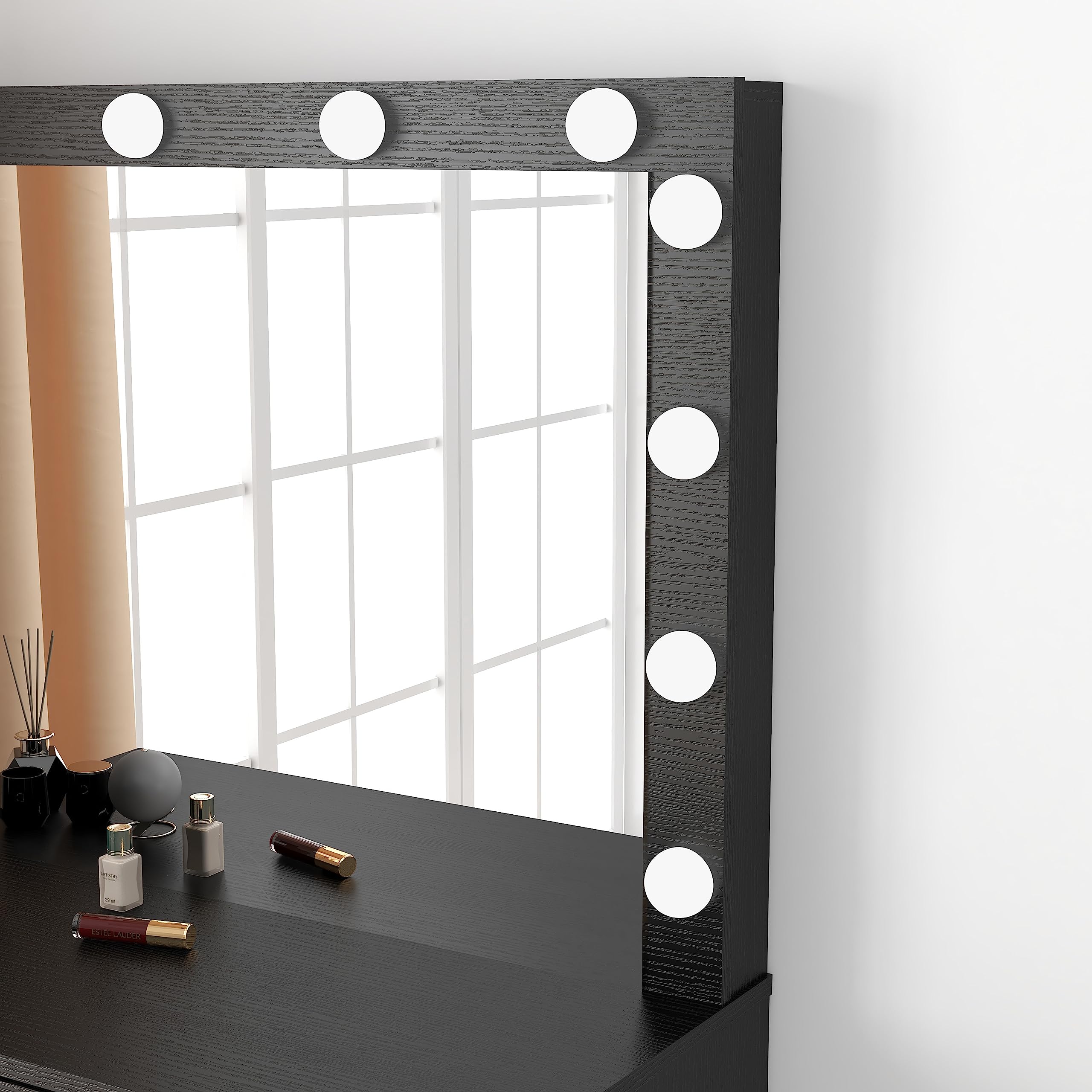 Vanity Desk with Mirror and Lights - Adjustable LED Makeup Vanity Table with Stool, 1 Drawer Storage, Modern Dressing Table for Bedroom (Black) | Perfect for Makeup Application, Skincare Routine & Home Decor