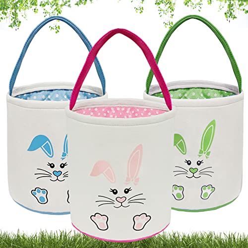 3 Pack Easter Bunny Baskets for Kids - Collapsible Easter Egg Hunt Baskets, Candy Gifts Carry Canvas Bucket with Rabbit Ears Design - Jute Tote Easter Bags with Handles for Boys and Girls - Perfect for Easter Egg Hunts, Party Favors, and Spring Celebrations
