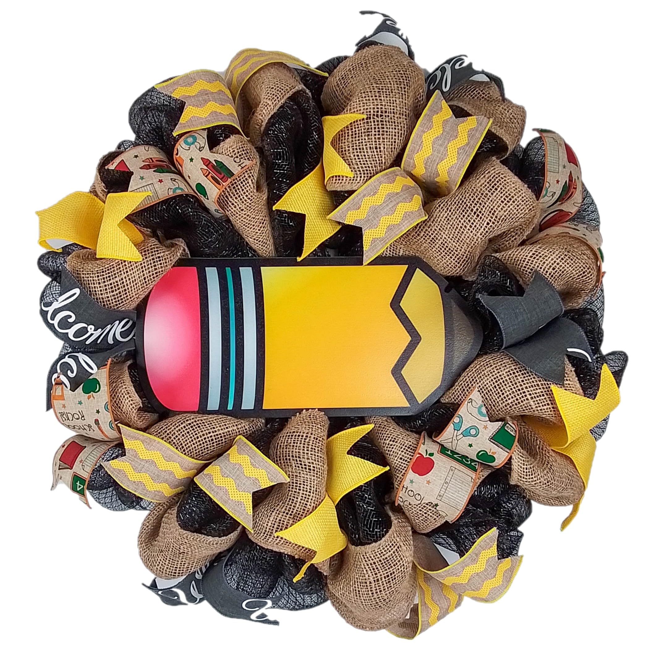 Teacher Pencil Wreath - Black & Yellow Classroom Door Decor for Back to School & End of Year Teacher Gift - Perfect for Classroom Bulletin Boards & School Office Decorations