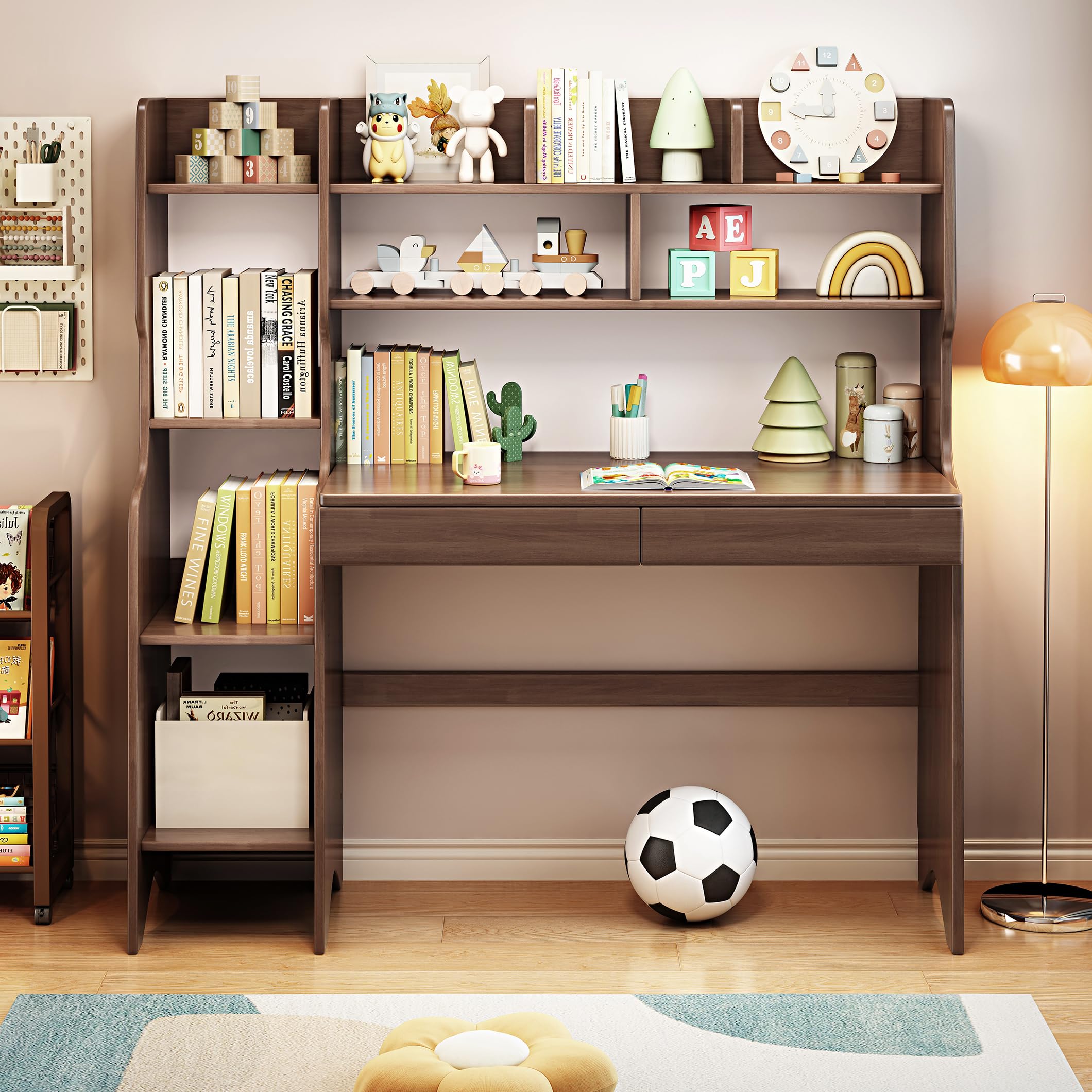 Kids Study Desk with Drawers & Bookshelf - Solid Rubber Wood Computer Workstation for Children, Writing Table for Students - Perfect for Homeschooling, Online Learning & Homework (Brown)