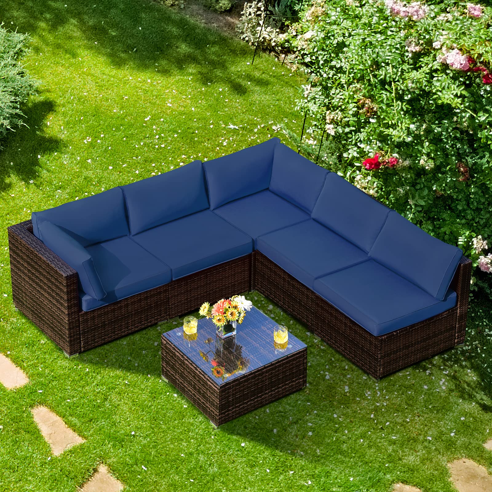 Tangkula 6-Piece Outdoor Patio Furniture Set - All-Weather Wicker Sofa Sectional with Cushions & Glass Coffee Table - Rattan Garden Conversation Set for Backyard, Poolside & Deck (Beige)