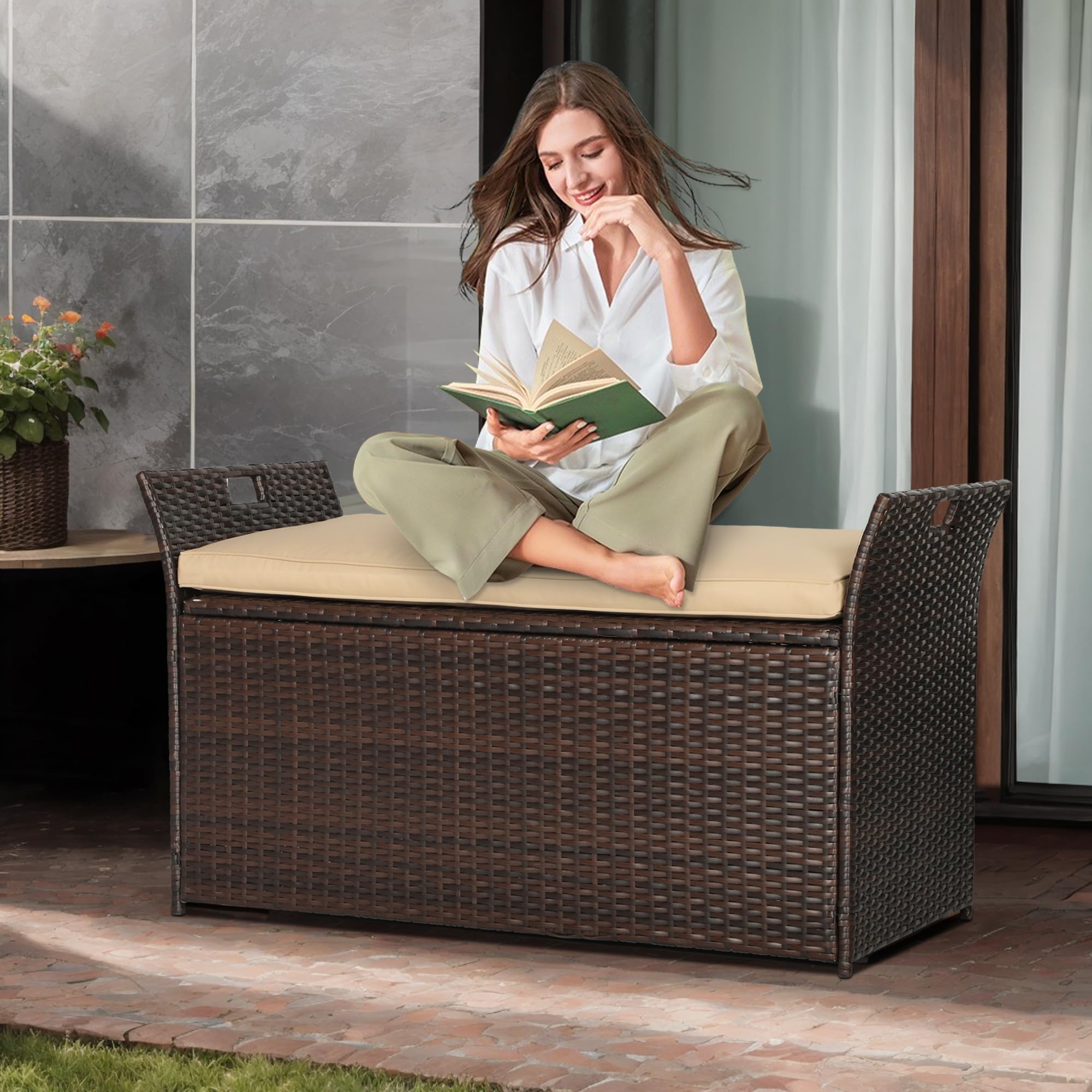 CrownLand 80 Gallon Outdoor Storage Bench with Cushion - Waterproof Wicker Patio Deck Box with Seat - Perfect for Garden, Balcony, Poolside & Backyard Furniture Storage (Brown)