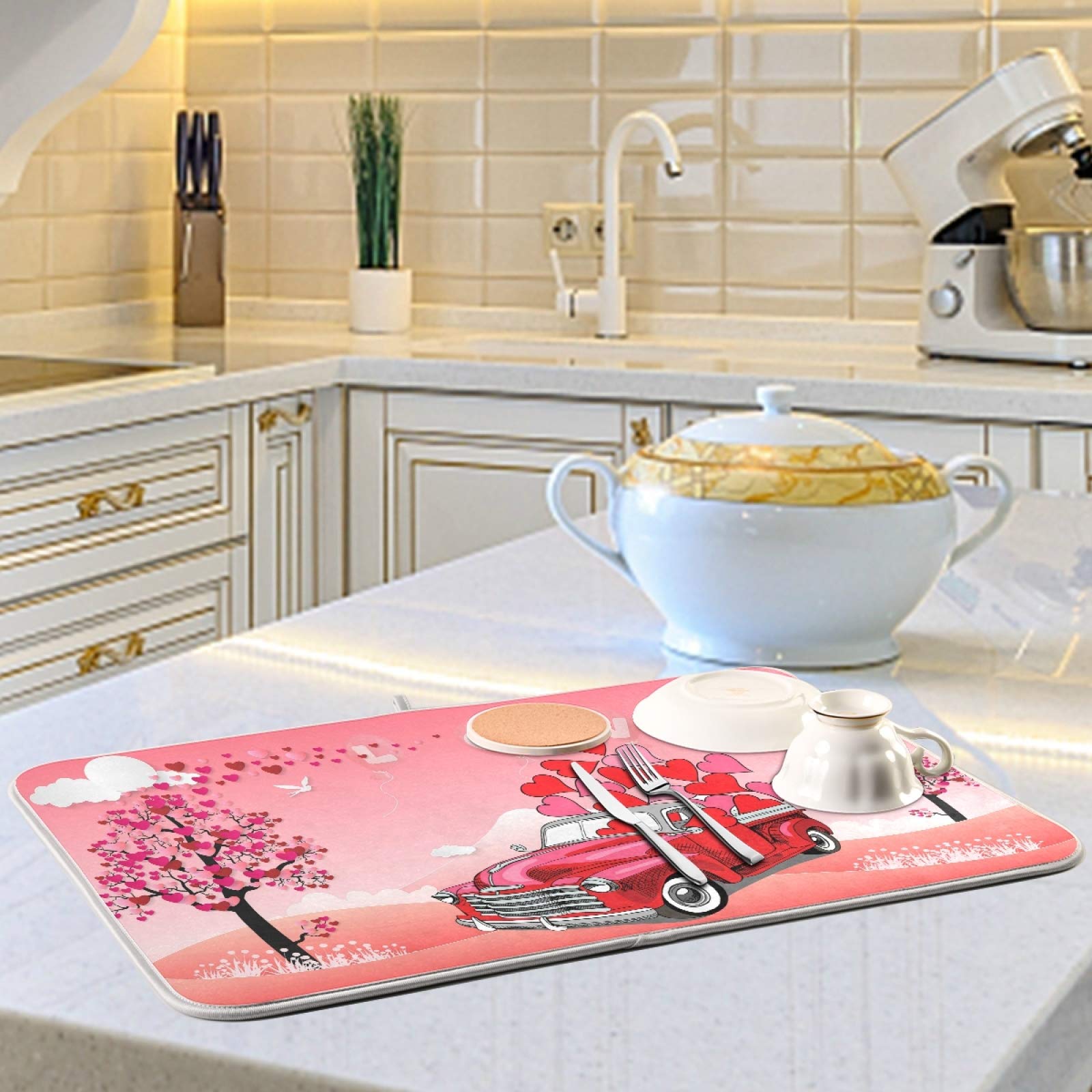 Valentine's Day Dish Drying Mat 16x18 Inch - Red Car Design for Kitchen Countertop | Perfect for Romantic Kitchen Decor