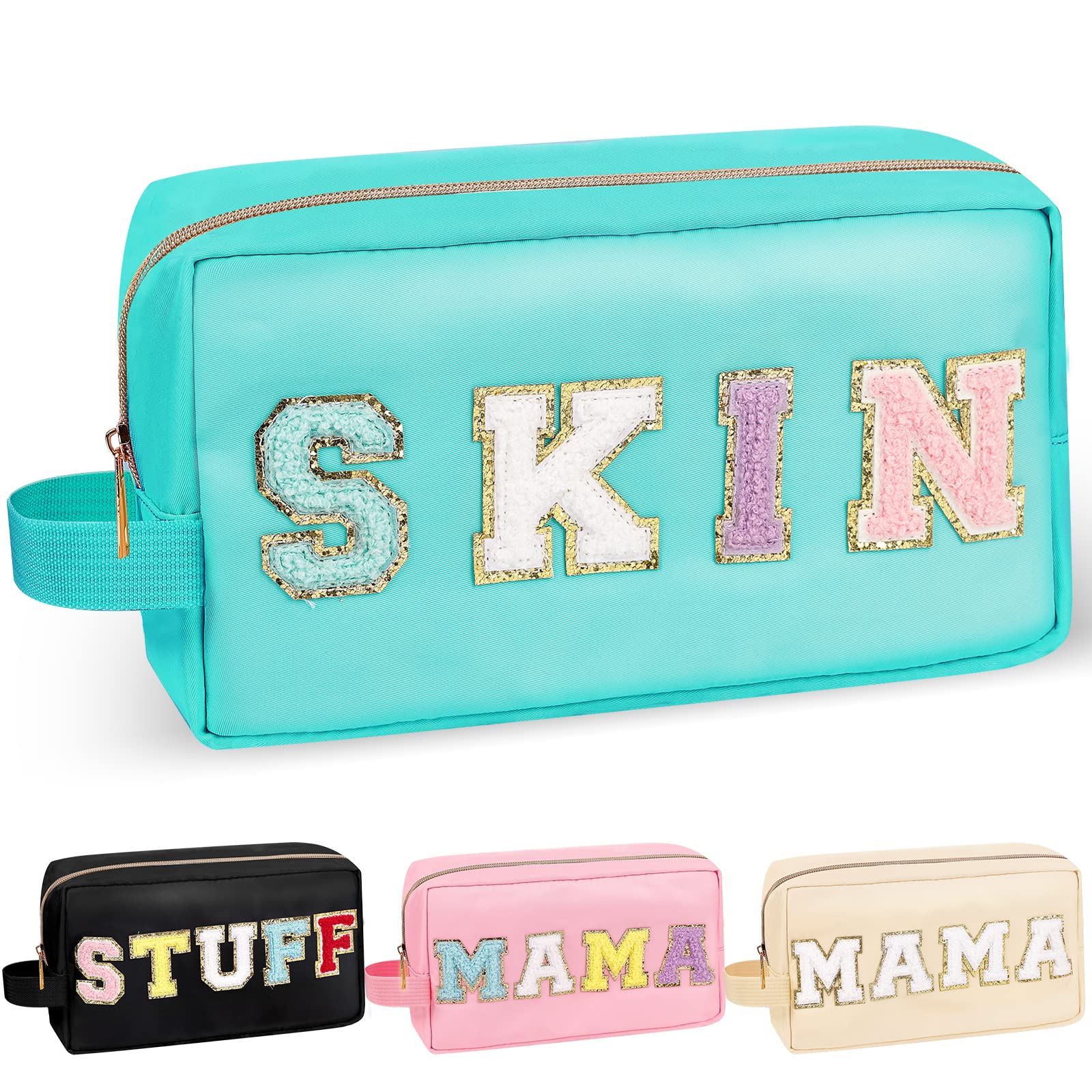 **Chenille Letter Makeup Bag - Waterproof Nylon Travel Cosmetic Pouch with Handle, Glitter Toiletry Organizer for Women & Girls (Green) - Perfect for Travel, Gym, and Daily Essentials Storage**
