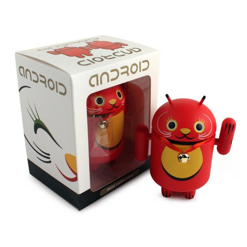 Android Mini Collectible Lucky Cat Series - Red Lucky Cat with Collar Bell - Cute Desk Decor for Office, Home & Gifts | Feng Shui Good Luck Charm