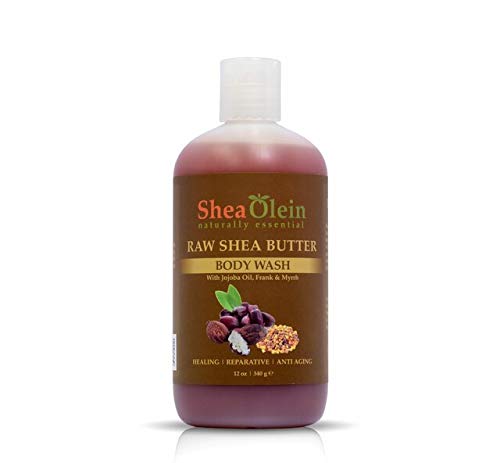 Organic Shea Olein Body Wash with Raw Shea Butter, Jojoba Oil & Frankincense Myrrh Extracts - 12oz Moisturizing Shower Gel for Dry Skin - Perfect for Daily Hydration & Relaxing Bath Time