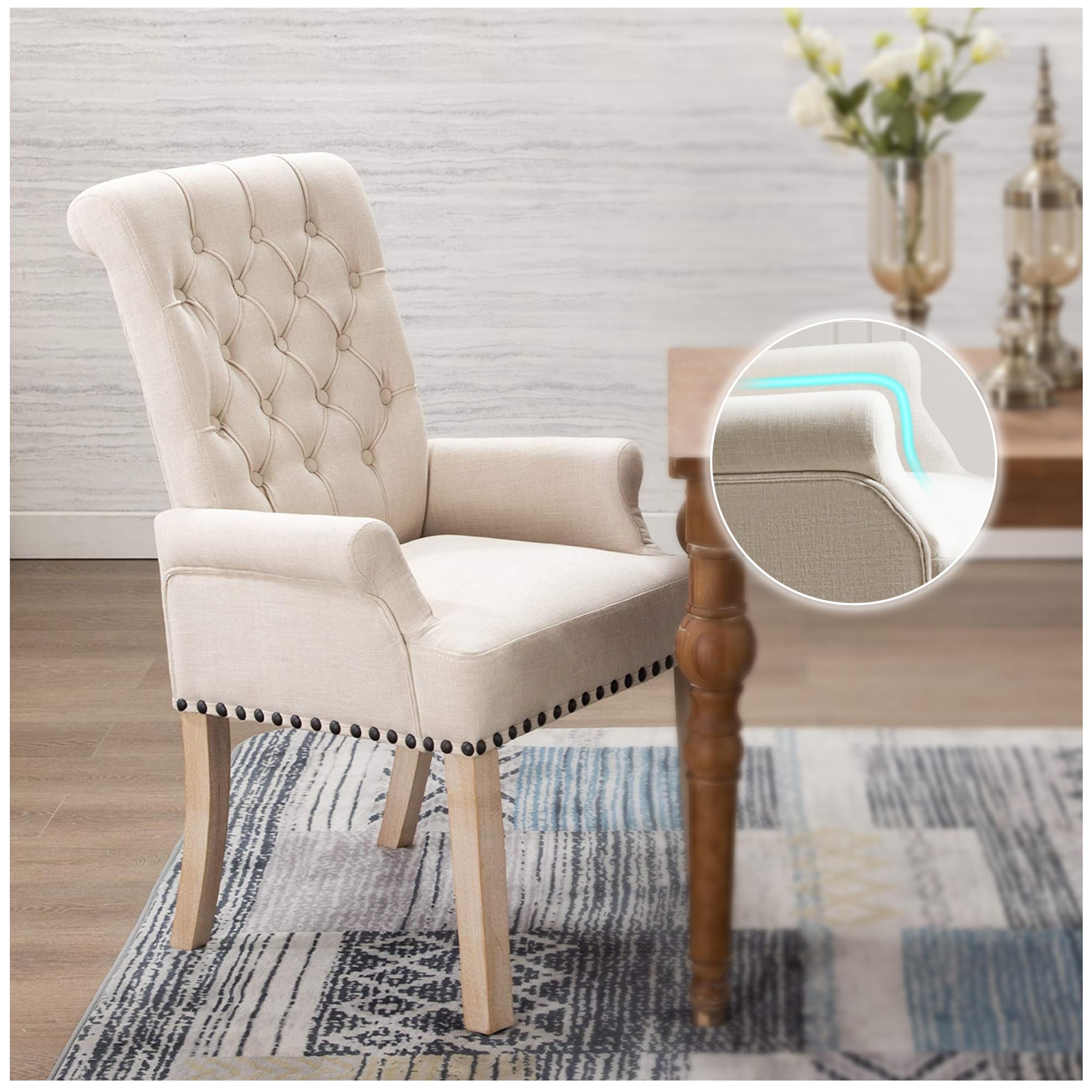 Luxury Upholstered Fabric Accent Dining Chair - Elegant Tufted Club Chair for Dining Room & Kitchen - Beige Home Decor - Perfect for Formal Dining, Breakfast Nooks & Small Spaces