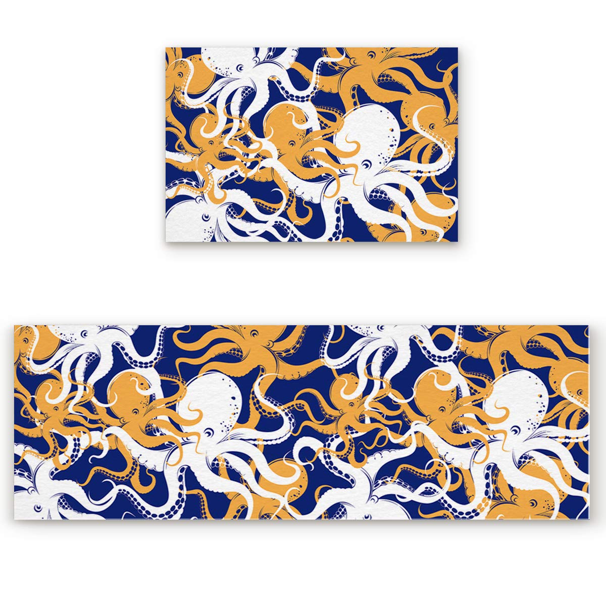 2-Piece Non-Slip Kitchen Rug Set - Navy & Yellow Kraken Design, Water Absorbent Floor Mats for Comfortable Standing | Perfect for Bedroom, Bathroom, Sink & Laundry Areas | Octopus Ocean Monster Themed Home Decor for Coastal & Nautical Style Interiors