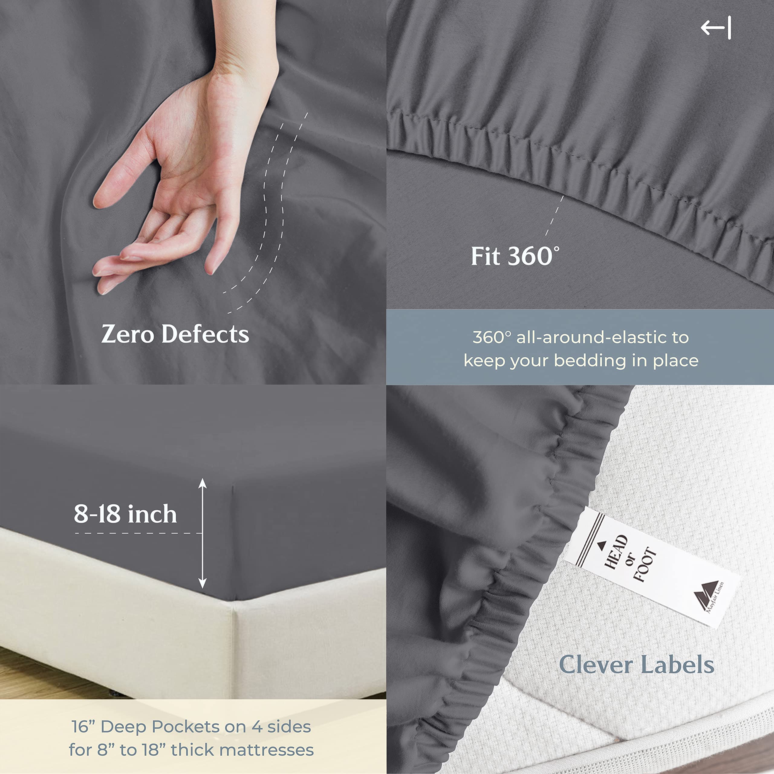Mayfair Linen 100% Cotton Queen Size Bed Sheet Set - 4 PC 500 Thread Count Cooling Sheets (Dark Grey) | Soft Sateen Weave, 16