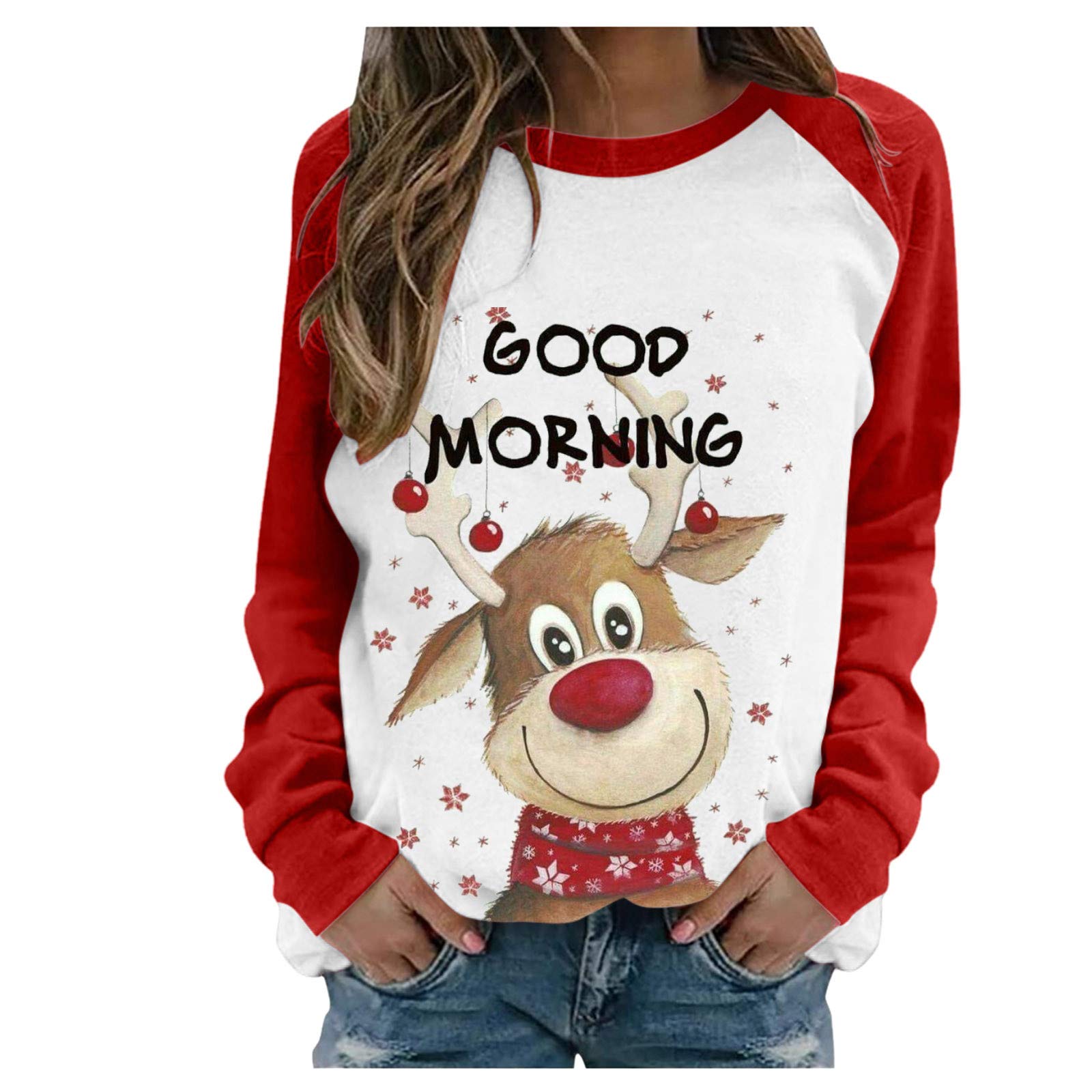 Women's Casual Raglan Print Long Sleeve Blouse - Solid Color Christmas Tops for Holiday Parties & Office Wear