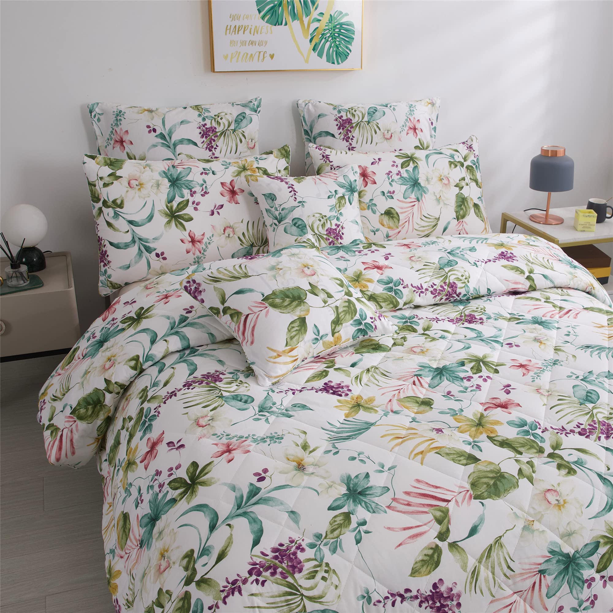 FADFAY White Floral King Size Comforter Set - 100% Cotton Reversible Duvet Cover with Soft Microfiber Fill, 3-Piece Lightweight All Season Bedding | Perfect for Master Bedroom, Guest Room & Cozy Home Decor