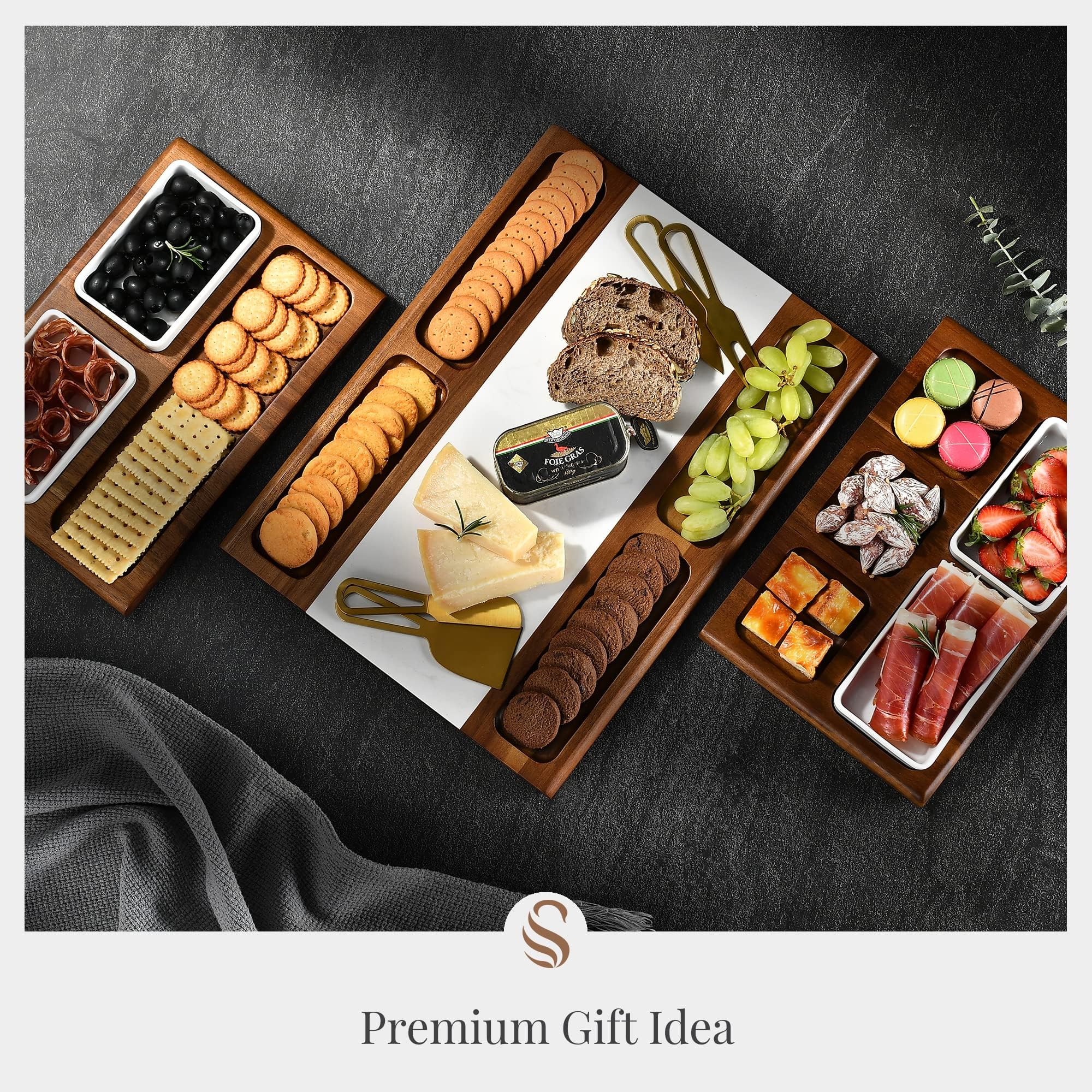 Premium Marble Charcuterie Board with Magnetic Cheese & Meat Tray - Double-Sided Serving & Cutting Board - Elegant Gift for Weddings, Parties & Holidays - Durable & Stylish Kitchen Accessory