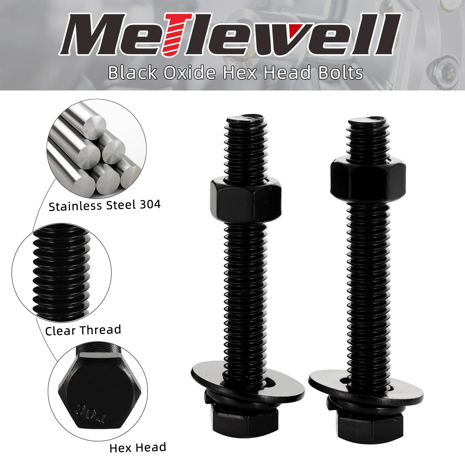 1/4-20 x 3 Hex Head Screws Bolts with Nuts, Flat & Lock Washers, Fully Threaded Stainless Steel 18-8, Black Oxide Finish, 8 Sets - Ideal for Furniture Assembly, Machinery, and DIY Projects
