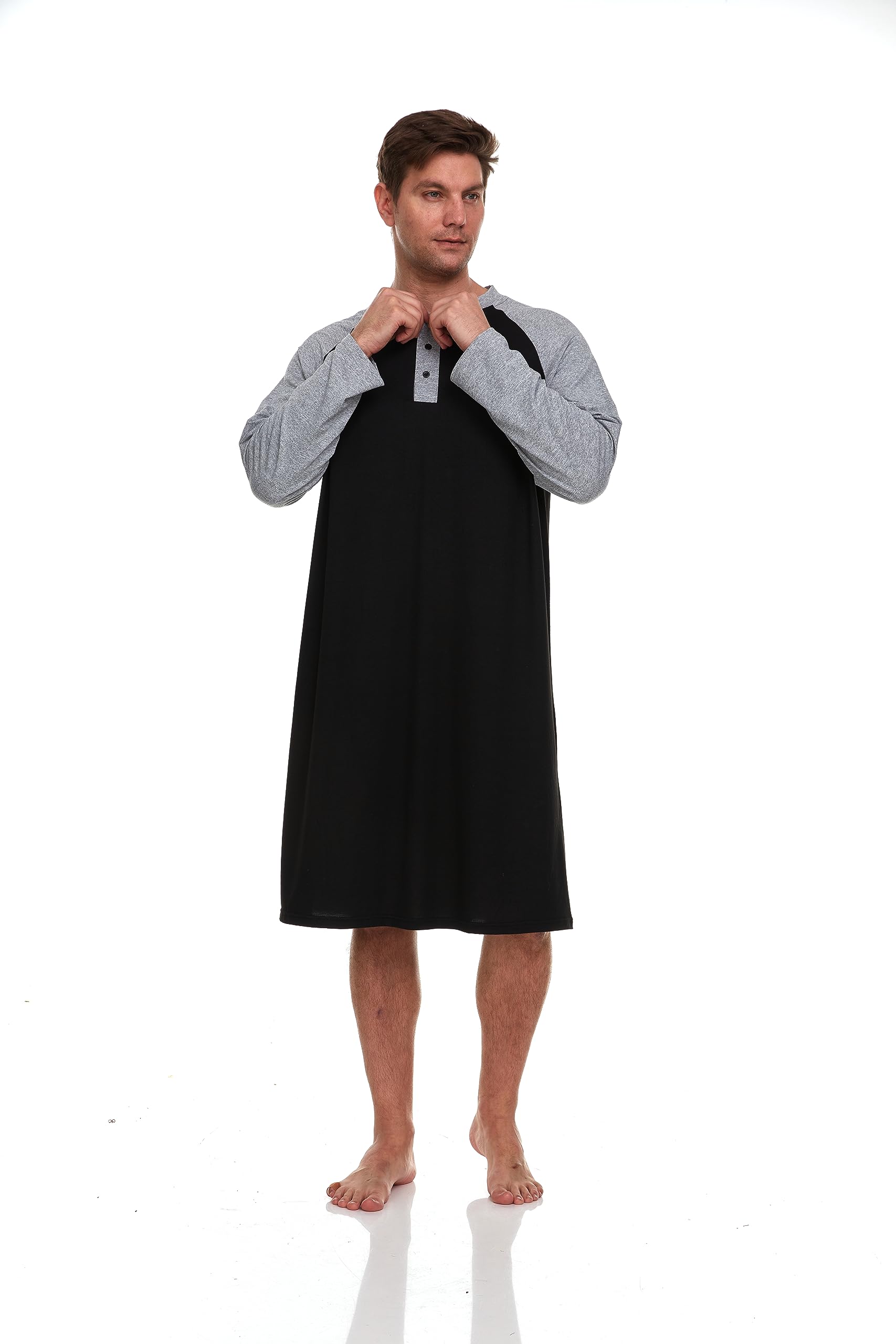 Men's Long Sleeve Nightshirt - Comfortable Sleepwear for Lounge & Bedtime, Black