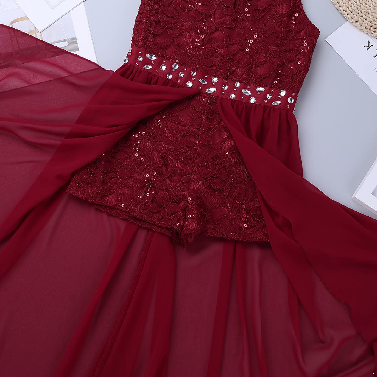 Girls Floral Lace Rhinestone Chiffon Dress - High Low Hem Princess Party Gown for Birthday, Formal Occasions & Special Events - Perfect for Weddings, Pageants, Photo Shoots & Holiday Celebrations