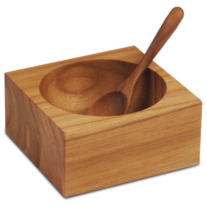Premium Teak Wood Square Salt Cellar with Natural Teak Spoon - Handcrafted Kitchen Essential for Gourmet Cooking & Dining Table Decor