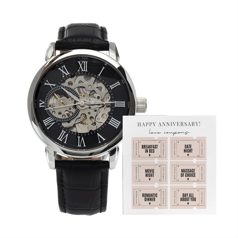 Stylish Men's Openwork Skeleton Watch - Anniversary & Valentine's Gift for Husband, Boyfriend - Romantic Coupon Card Included - Perfect for Date Nights & Special Occasions
