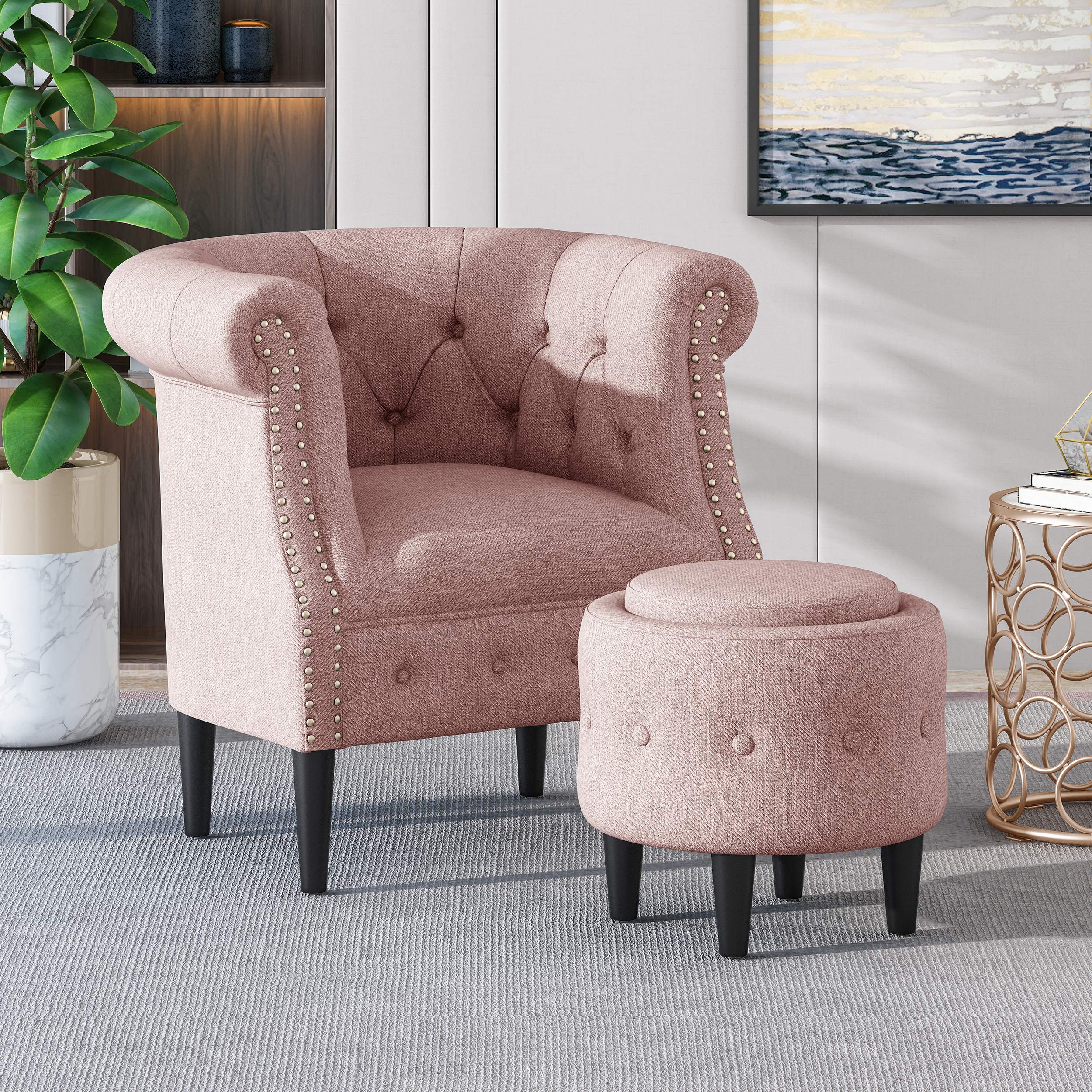 GDFStudio Petite Tufted Fabric Chair and Ottoman Set in Light Blush & Dark Brown - Compact Living Room Furniture for Small Spaces, Apartment Decor, Cozy Reading Nook Accent Chair