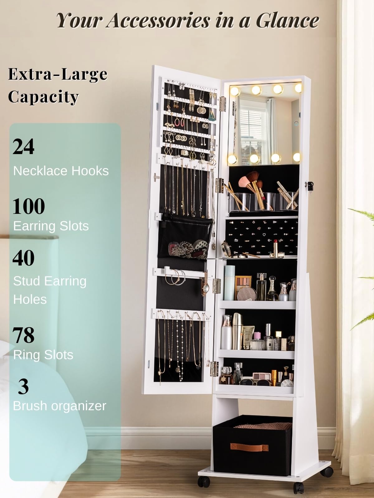 LUXFURNI 8 LED Rotating Jewelry Armoire with Full Length Mirror - 66