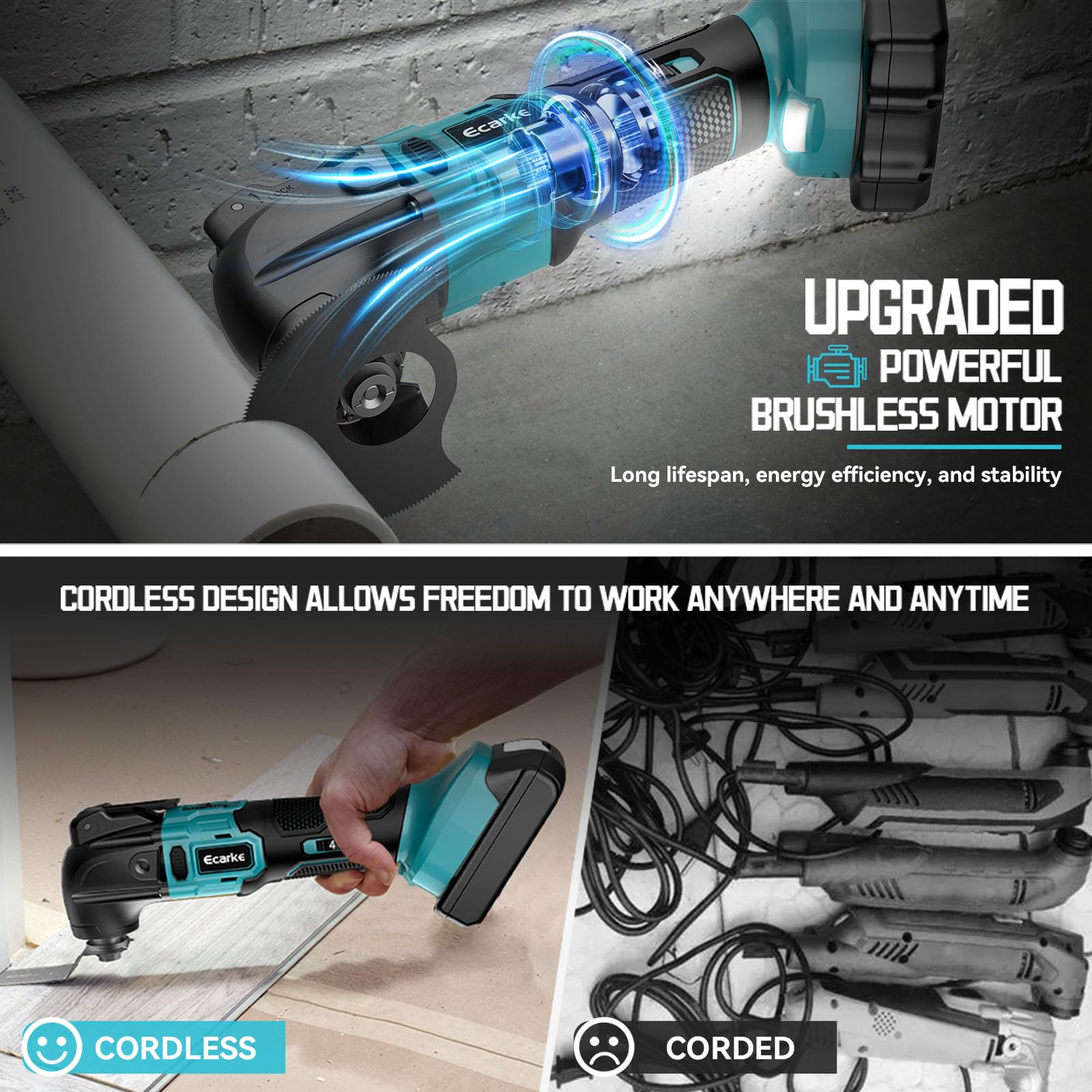 Ecarke 18V Li-Ion Brushless Multi-Function Power Tool for Makita Battery - 6 Adjustable Speed Oscillating Multi-Tool for Cutting, Scraping, Sanding with 23 Accessories (Battery Not Included) - Perfect for DIY Projects, Home Renovation & Woodworking
