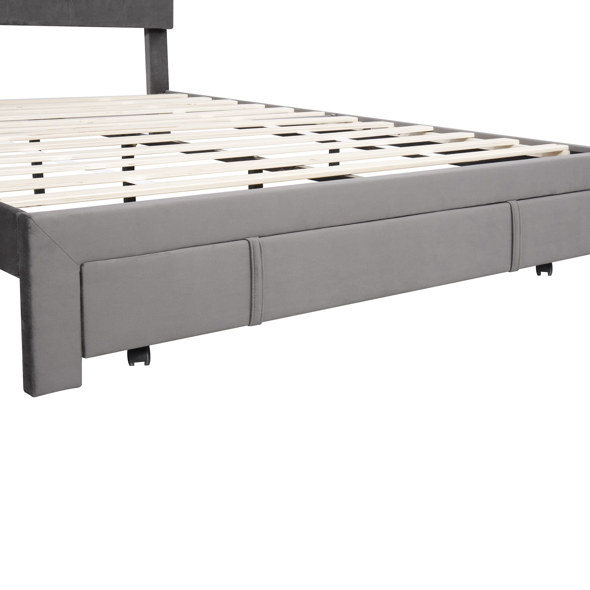 Queen Size Velvet Upholstered Storage Platform Bed with Large Drawer - Modern Bed Frame for Teens & Adults (Grey) | Perfect for Small Bedrooms, Dorms & Guest Rooms