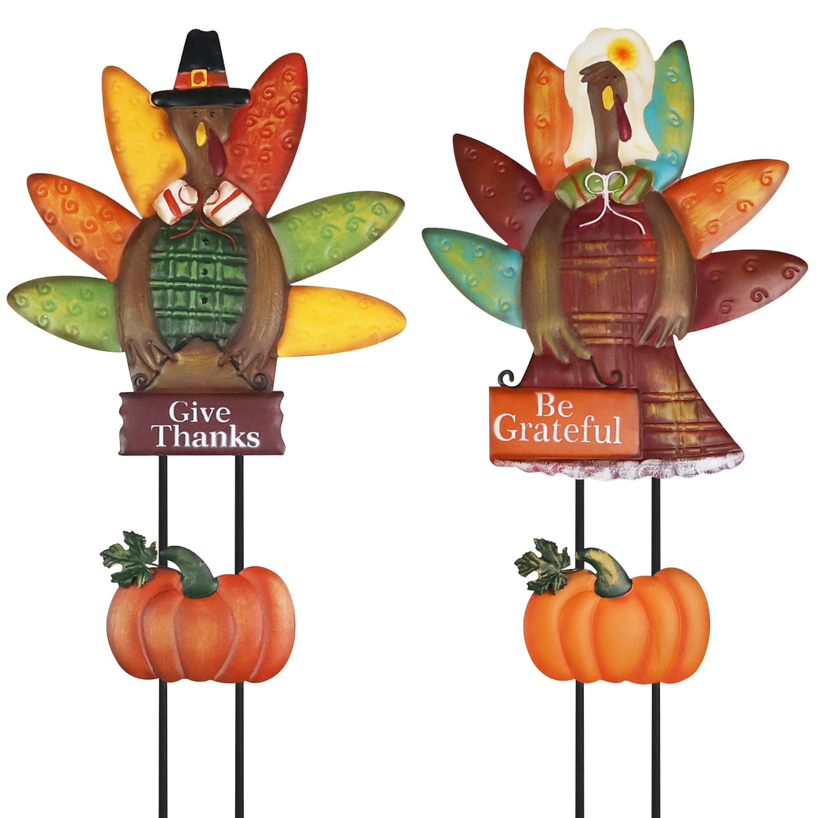 PHITRIC 2-Pack Thanksgiving Outdoor Decor - Turkey & Pumpkin Metal Garden Stakes for Yard, Home & Fall Festival Decorations | Perfect for Front Lawn, Porch & Autumn Party Decoration