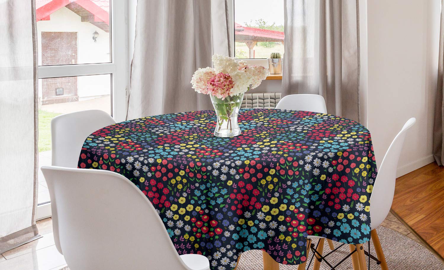 Ambesonne Floral Round Tablecloth - 60 Inch Spring Garden Design with Blossoms & Herbs for Dining Room & Kitchen Decor | Perfect for Parties, Holidays & Home Styling