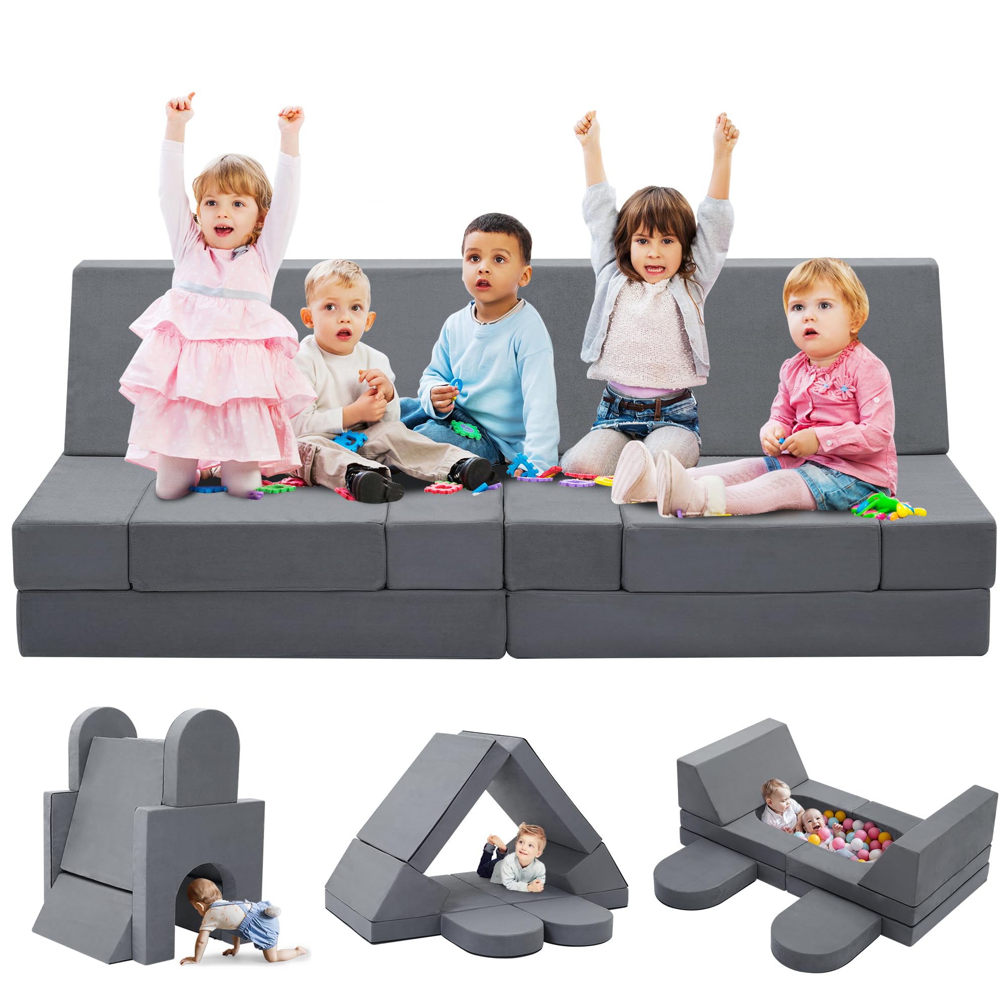 Kids and Toddler Play Couch - 66 Inch Extra Large Convertible Folding Sofa with Durable Foam Modular Design for Playroom, Nursery & Indoor Playtime (Grey, 8-Piece Set) - Perfect for Imaginative Play, Reading Nook, and Cozy Lounging