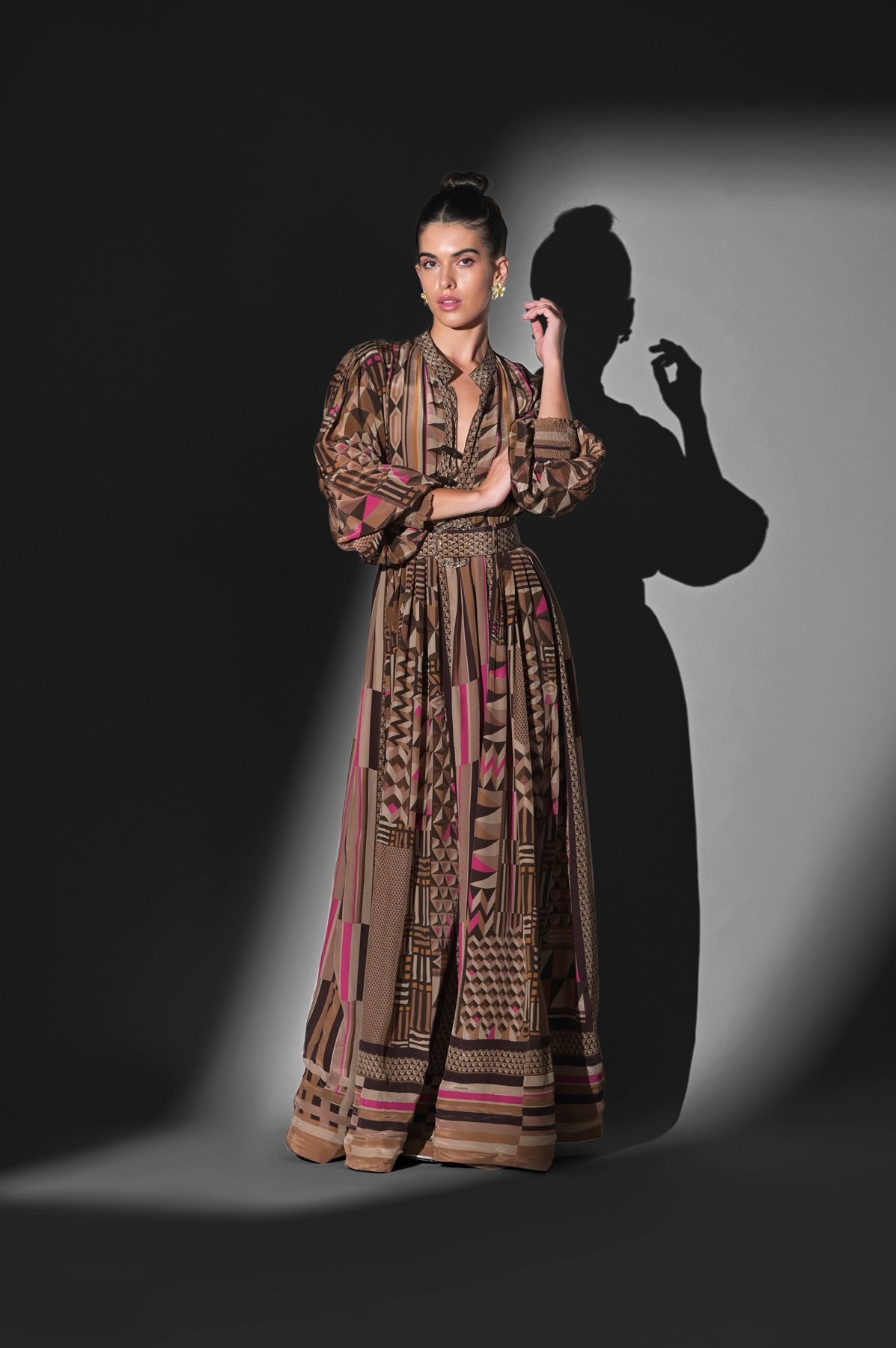 Geometric Fuchsia Print Maxi Dress with Adjustable Belt - Boho Chic Summer Dress for Beach, Vacation & Party Wear