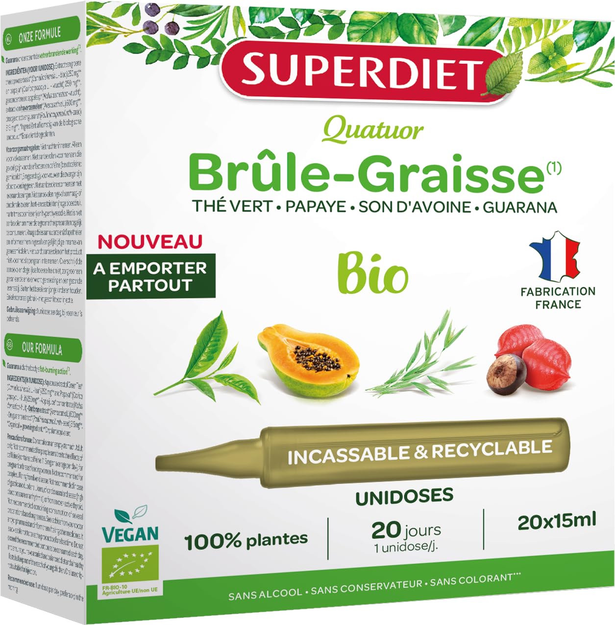 SUPERDIET - Organic Fat Burner Supplement with Green Tea, Papaya, Oat Bran & Guarana - 20 Portable Single-Doses (15ml Each) - Weight Loss Support for Active Lifestyle & On-the-Go Wellness
