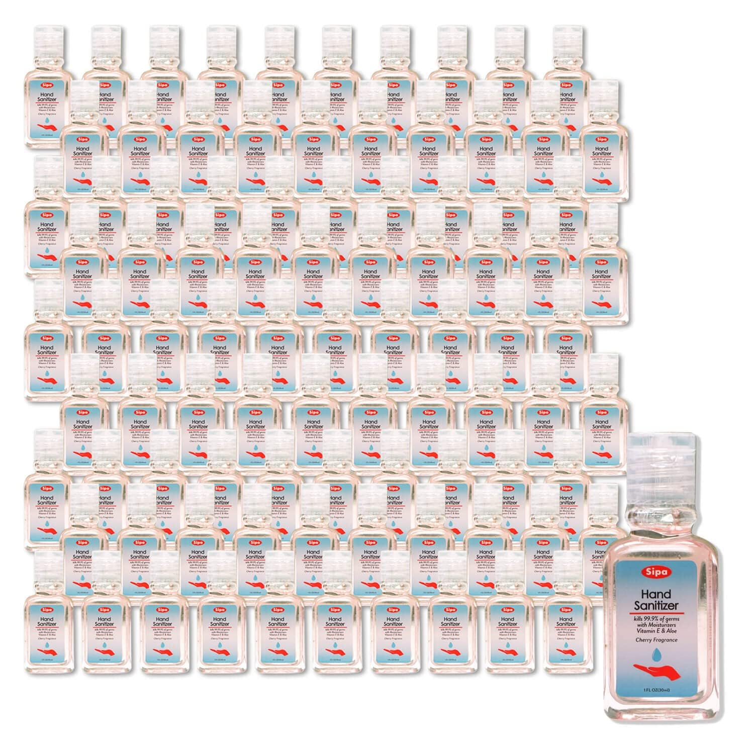 Premium SIPA Bulk Cherry Scent Hand Sanitizer (1oz Travel Size, Pack of 96) - Vitamin E Enriched Germ Protection with 4 Free Keychain Holders - Ideal for Travel, Office, Schools & On-the-Go Hygiene
