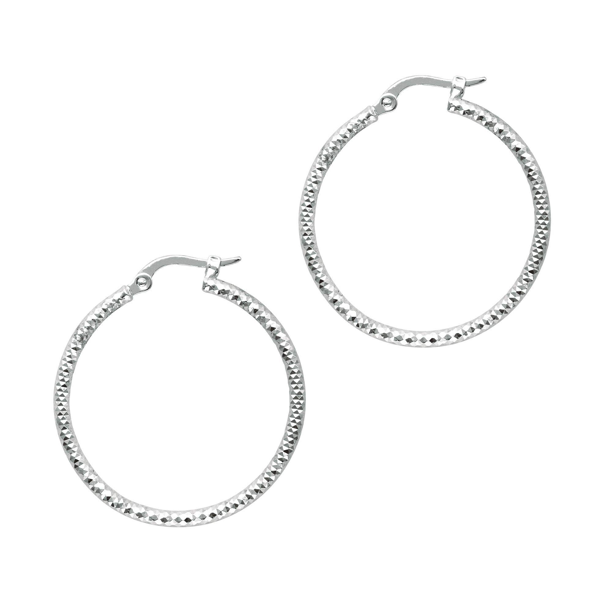 14K White Gold 1.5X25mm Shiny Diamond Cut Large Hoop Earrings with Hinged Clasp - Elegant Fashion Jewelry for Women, Perfect for Parties, Weddings & Everyday Wear