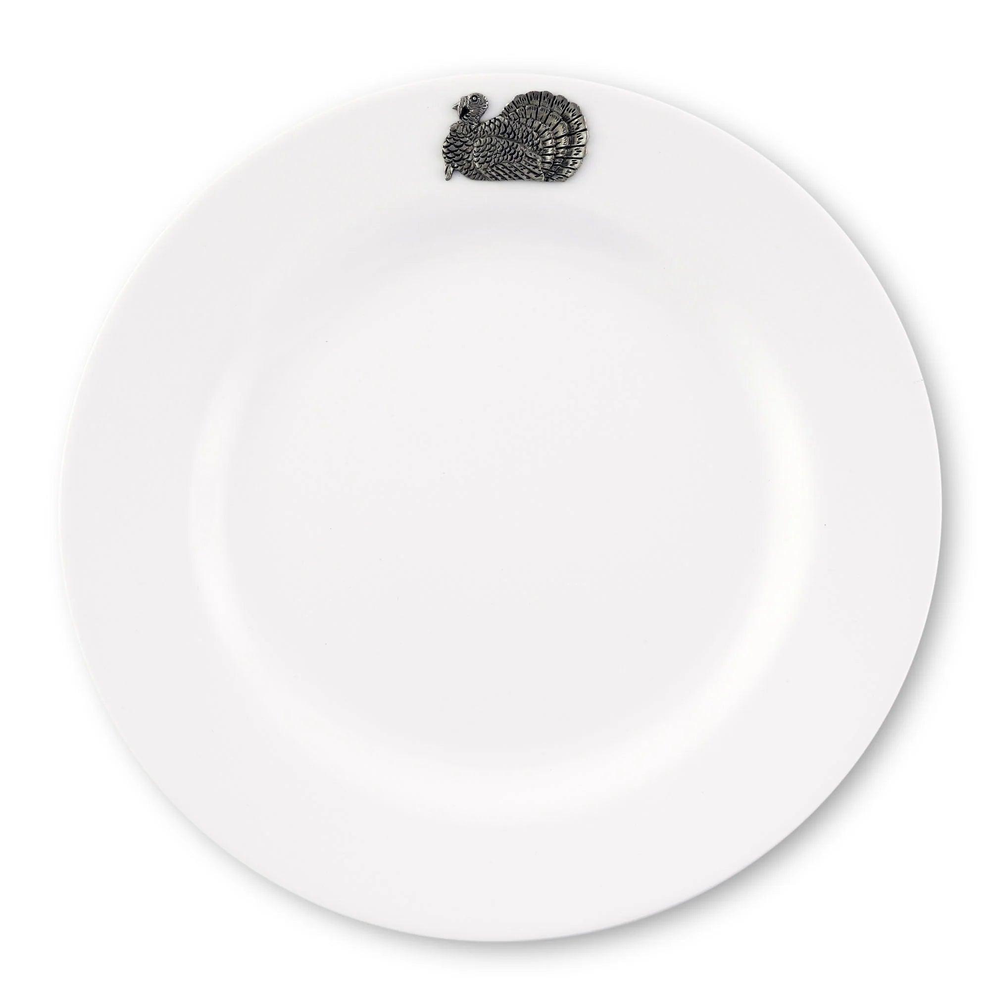 Premium White Melamine Dinner Plates Set of 10 with Elegant Pewter Turkey Design - Perfect for Thanksgiving, Holiday Gatherings & Special Occasions