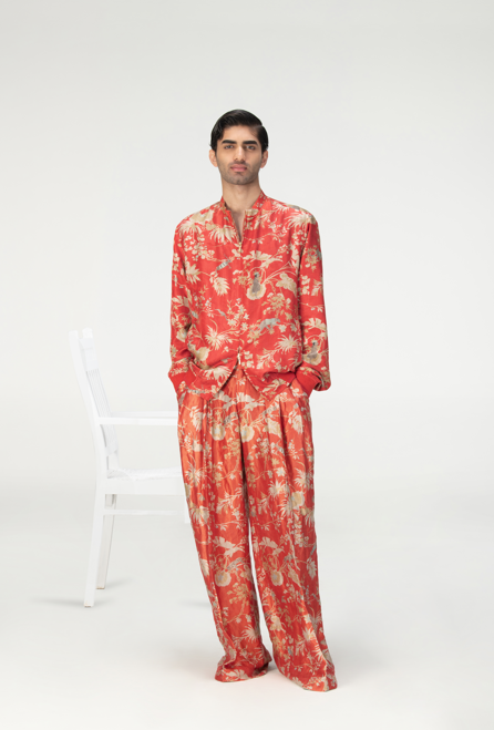 Janbaaz Men's Silk Bomber Jacket - Red Damask Print, Lightweight & Stylish for Casual Wear, Night Out, and Street Fashion
