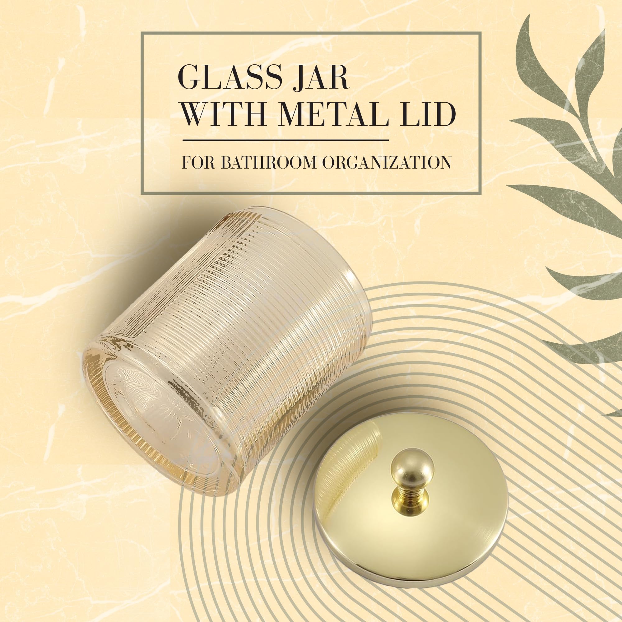 Clear Glass Apothecary Jar with Metal Lid - Stylish Bathroom Storage Container for Cotton Balls, Q-Tips & Small Accessories - Perfect for Vanity, Countertop & Spa Organization (Tan/Gold)
