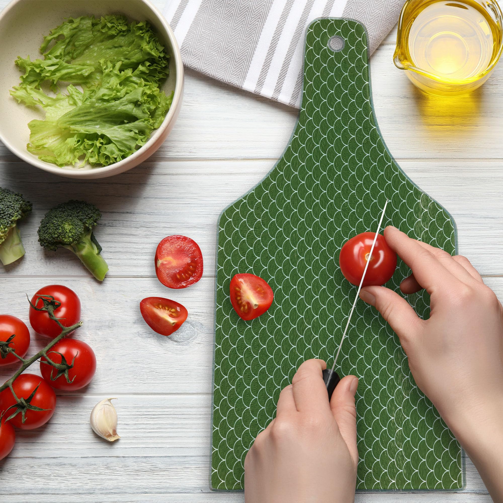 Ambesonne Green Tempered Glass Cutting Board - Vivid Forest Geometric Wave Design, Round Edged Serving Board for Kitchen & Entertaining | Wine Bottle Shape in Olive Green & White | Perfect for Cheese Platters, Charcuterie & Wine Pairings