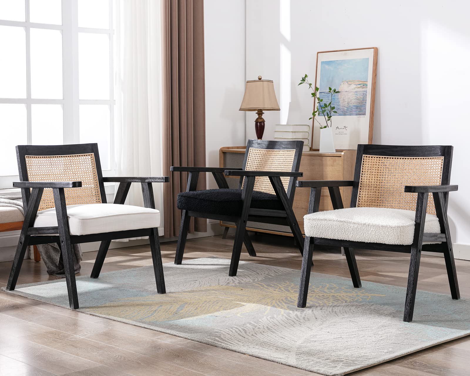 Modern Rattan Accent Chairs Set of 2 - Boho Style Cane Back Armchairs with Black Boucle Sherpa Upholstery, Oversized Cozy Reading Chairs with Wood Frame for Living Room, Bedroom, Nursery or Office - Perfect for Relaxing, Reading and Home Decor