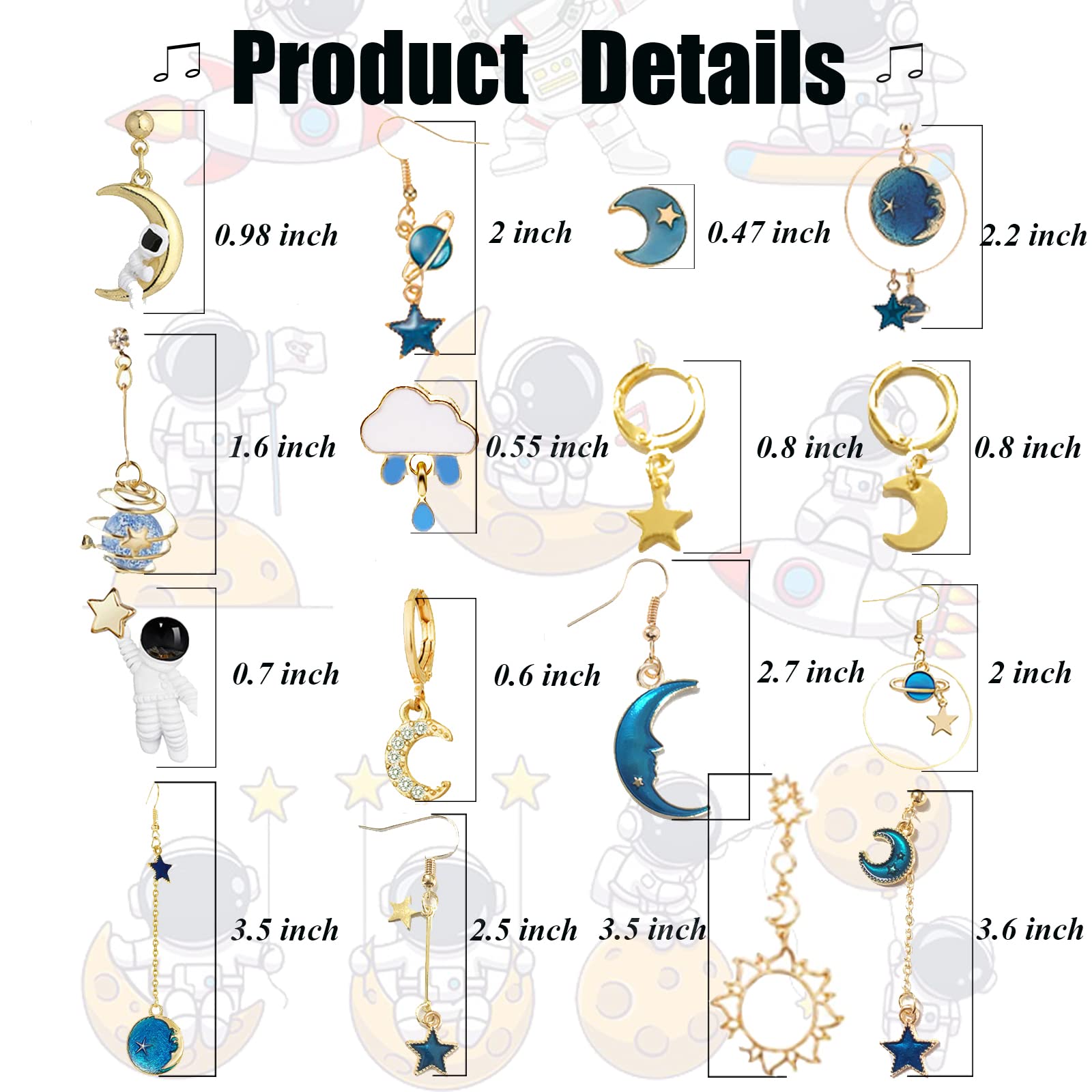 16 Pairs Moon and Star Earrings for Women - Dangle Earth Planet Asymmetrical Drop Earrings - Astronaut Space Stud Jewelry - Perfect for Cosplay, Astronomy Lovers & Unique Gift Giving