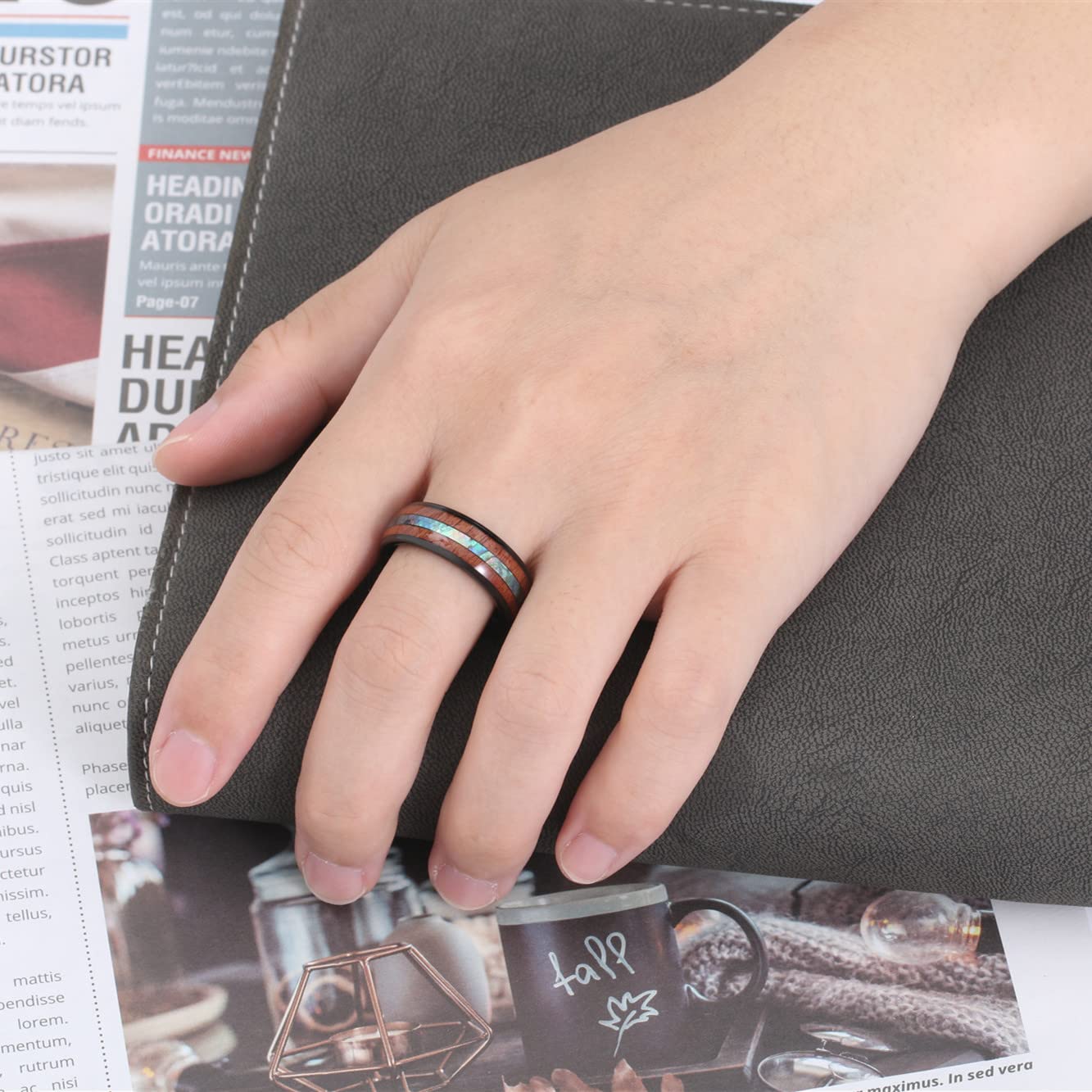 Premium Tungsten Wedding Bands for Men - Wood Inlay with Abalone Shell & Koa, Dome Style Comfort Fit Rings Size 6-14 - Ideal for Engagement, Promise & Anniversary Gifts (Perfect for Outdoor Weddings & Daily Wear)